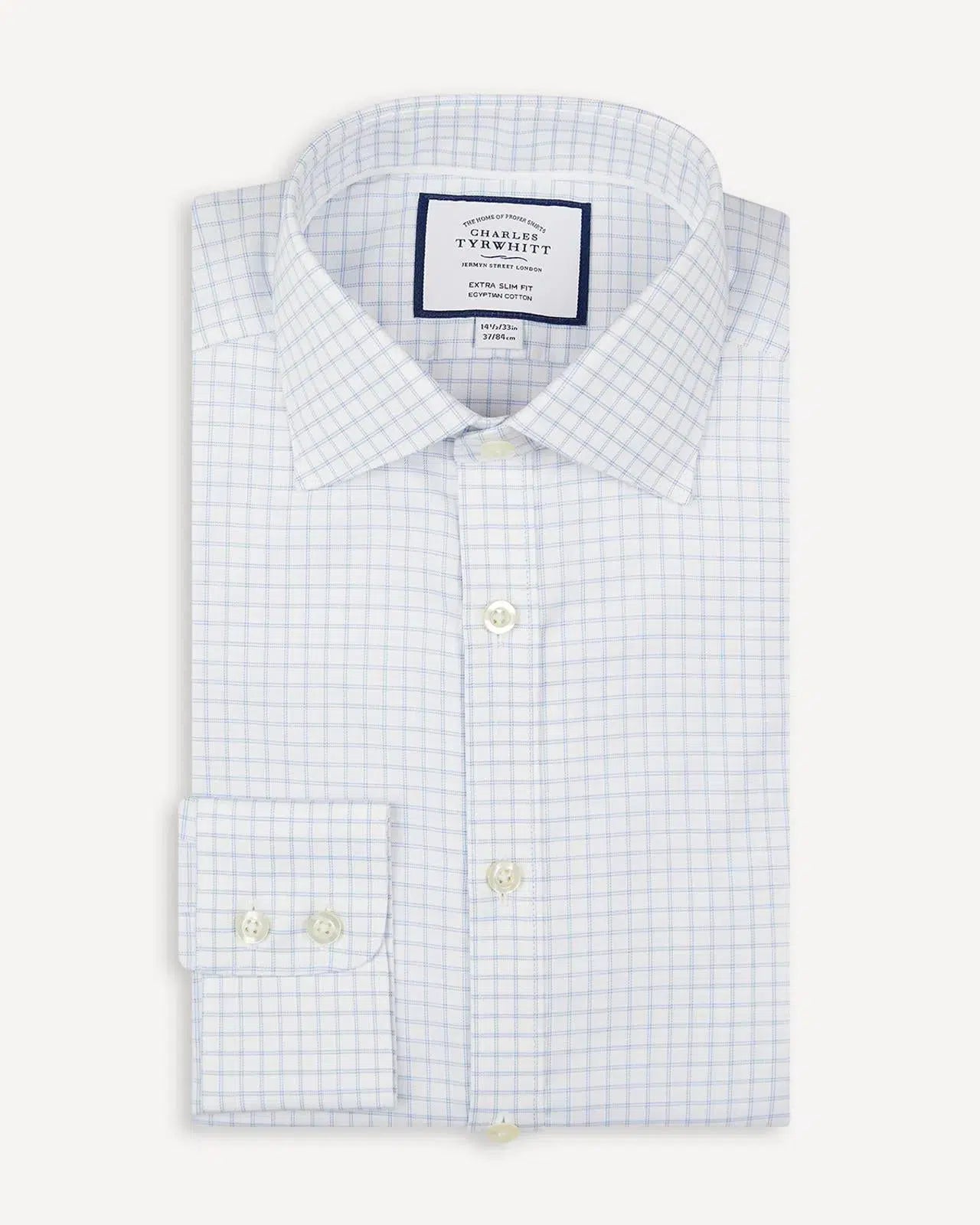 Extra Slim Fit Cornflower Blue Twill Twin Check Shirt-MALFORD OF LONDON SAVILE ROW MENSWEAR OUTLET