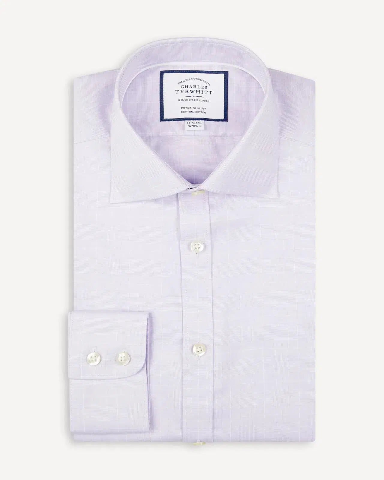 Extra Slim Fit Lilac Twill Prince of Wales Check Shirt-MALFORD OF LONDON SAVILE ROW MENSWEAR OUTLET