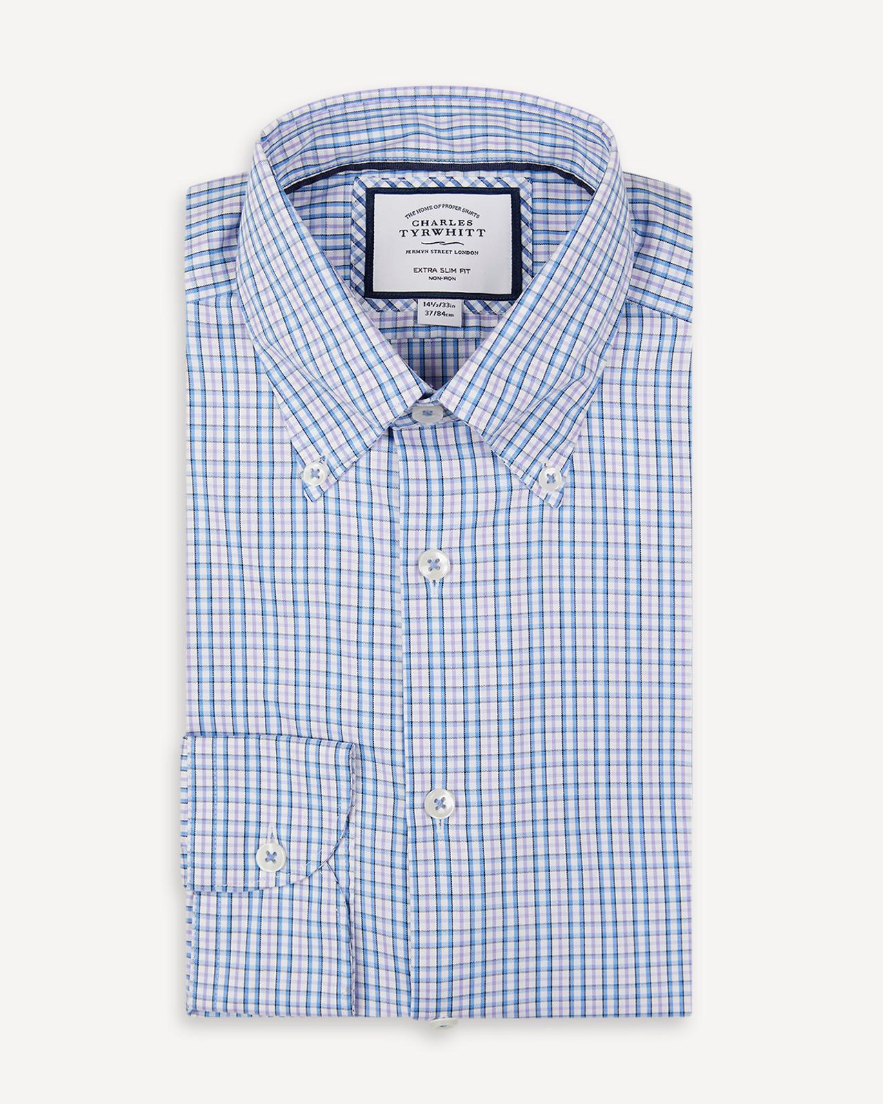 Extra Slim Fit Mauve/Blue Multi Check Button-Down Oxford Shirt-MALFORD OF LONDON SAVILE ROW MENSWEAR OUTLET