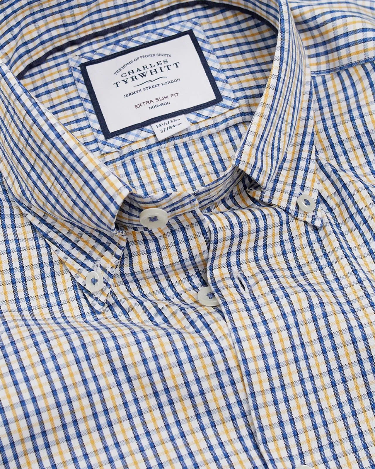 Extra Slim Fit Mustard Yellow Blue Oxford Multi Check Shirt-MALFORD OF LONDON SAVILE ROW MENSWEAR OUTLET