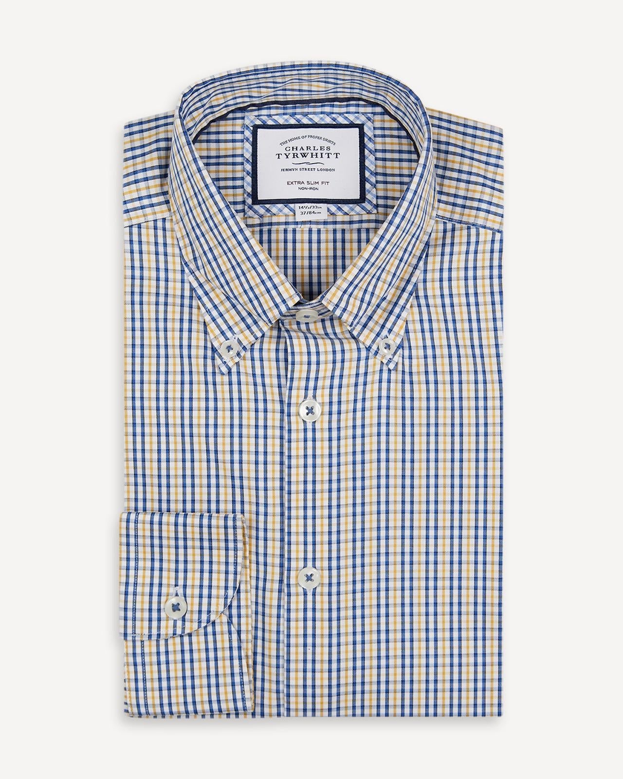 Extra Slim Fit Mustard Yellow Blue Oxford Multi Check Shirt-MALFORD OF LONDON SAVILE ROW MENSWEAR OUTLET