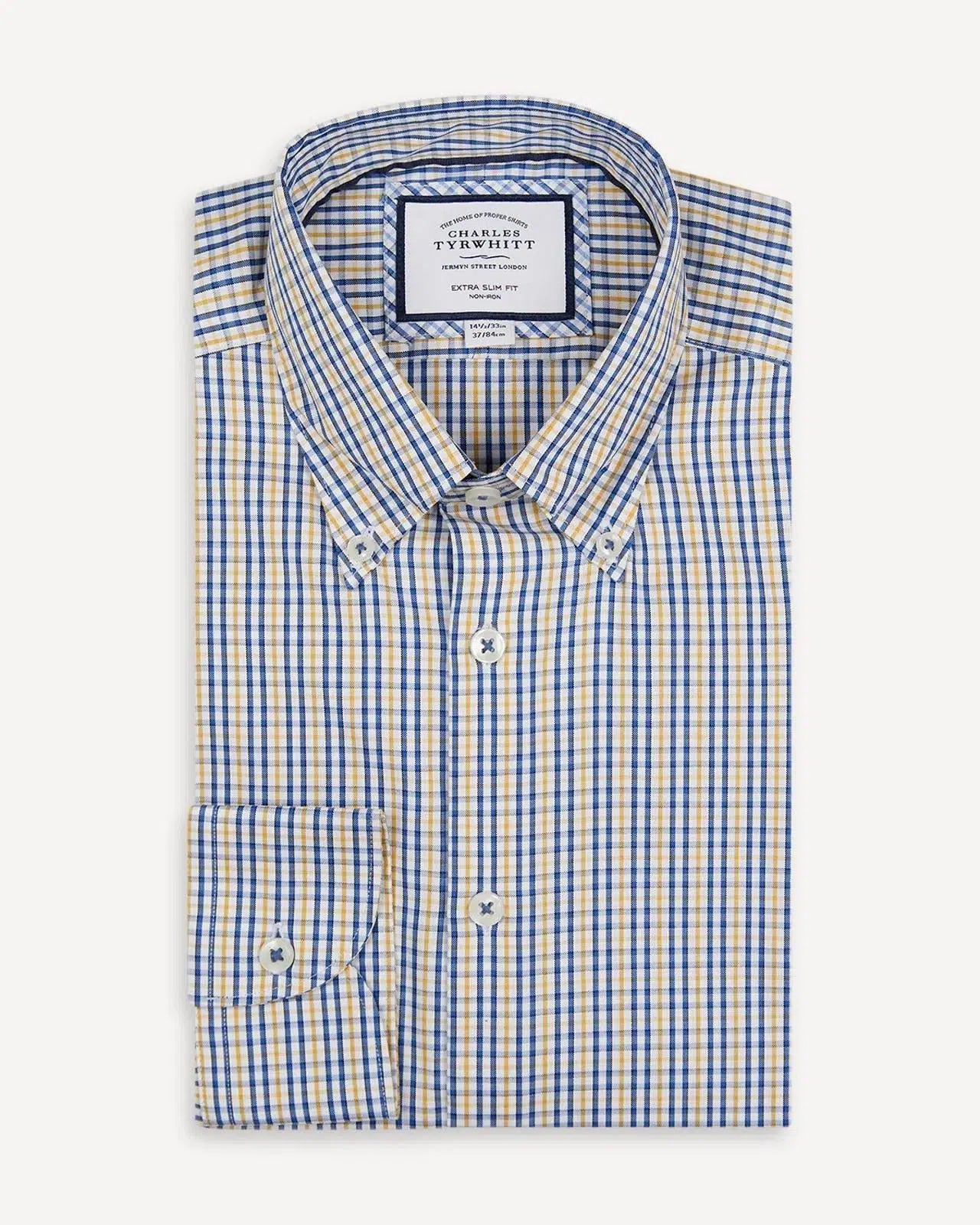 Extra Slim Fit Mustard Yellow Blue Oxford Multi Check Shirt-MALFORD OF LONDON SAVILE ROW MENSWEAR OUTLET