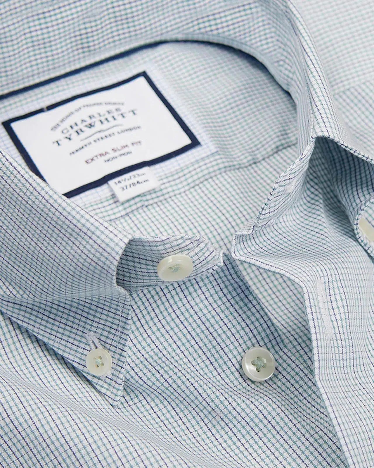 Extra Slim Fit Pale Teal Green Button-Down Check Shirt-MALFORD OF LONDON SAVILE ROW MENSWEAR OUTLET