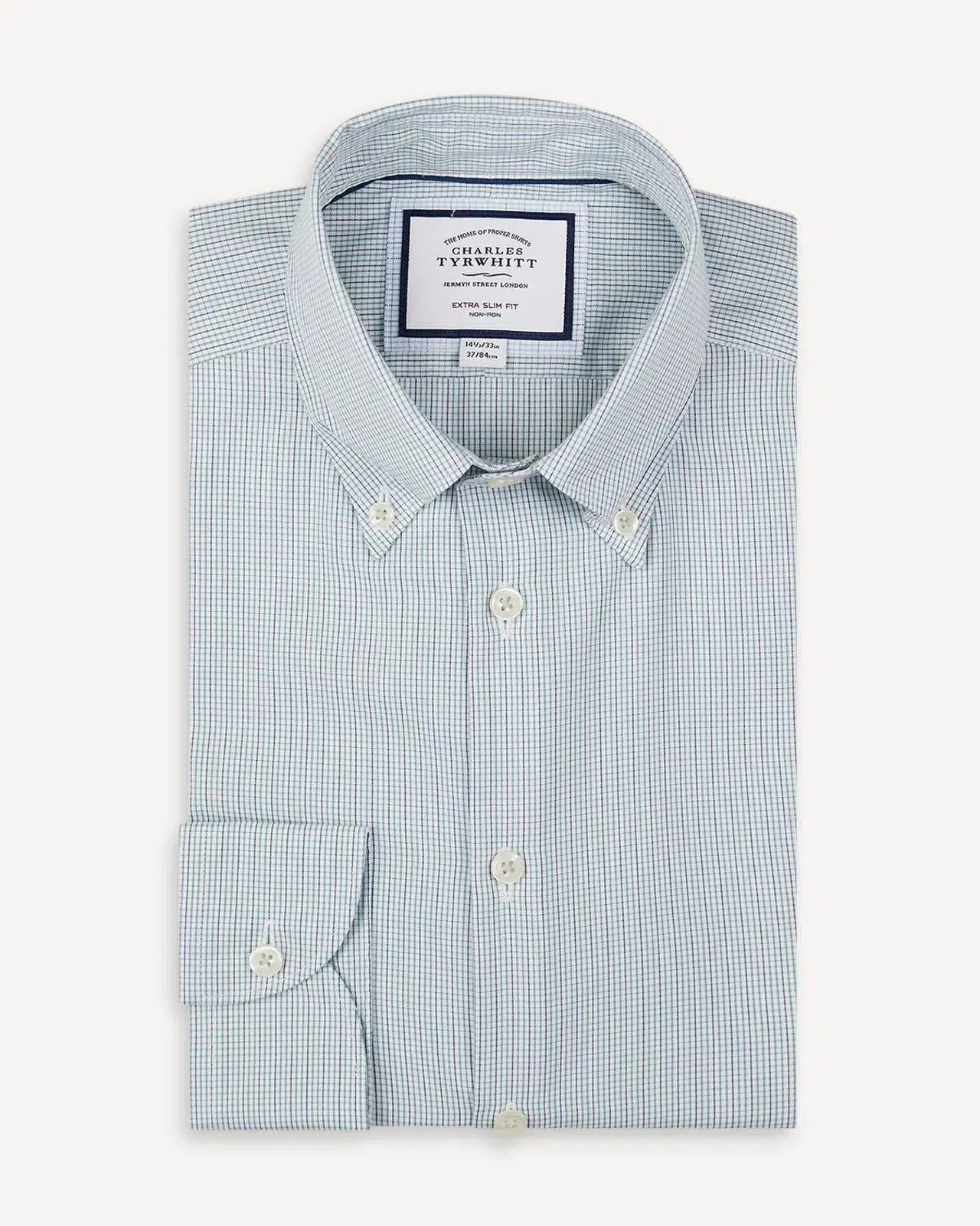 Extra Slim Fit Pale Teal Green Button-Down Check Shirt-MALFORD OF LONDON SAVILE ROW MENSWEAR OUTLET