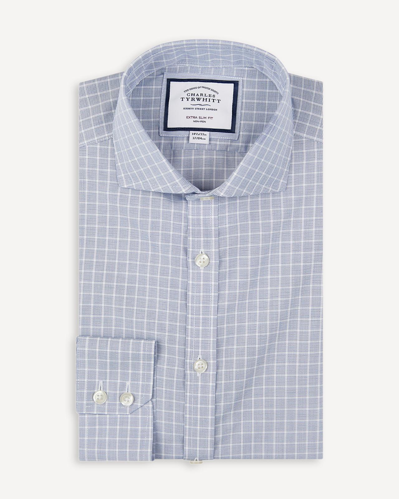 Extra Slim Fit Petrol Blue Fine Check Shirt-MALFORD OF LONDON SAVILE ROW MENSWEAR OUTLET