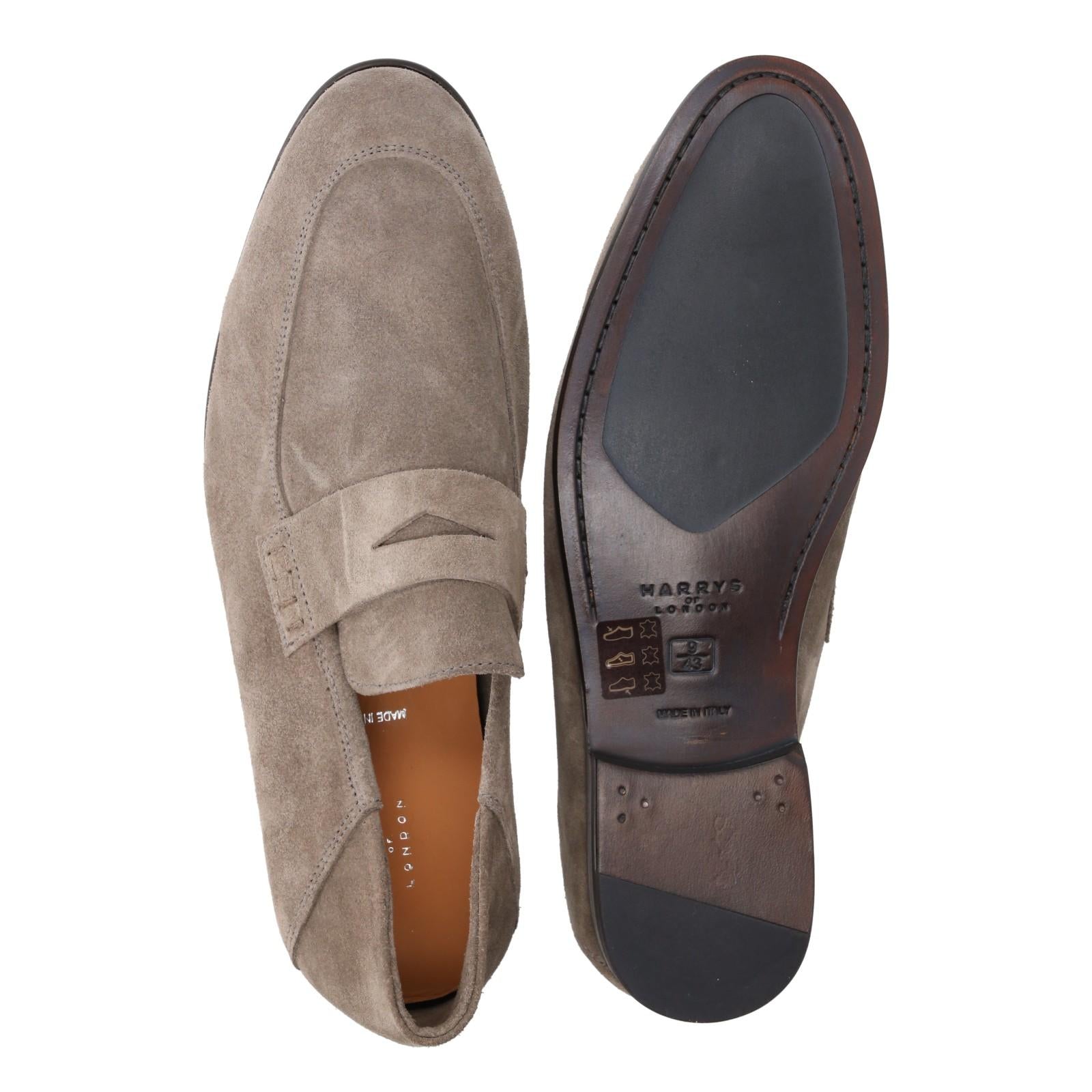 Harrys Of London Edward Soft F Suede Penny Loafer Taupe-MALFORD OF LONDON SAVILE ROW MENSWEAR OUTLET