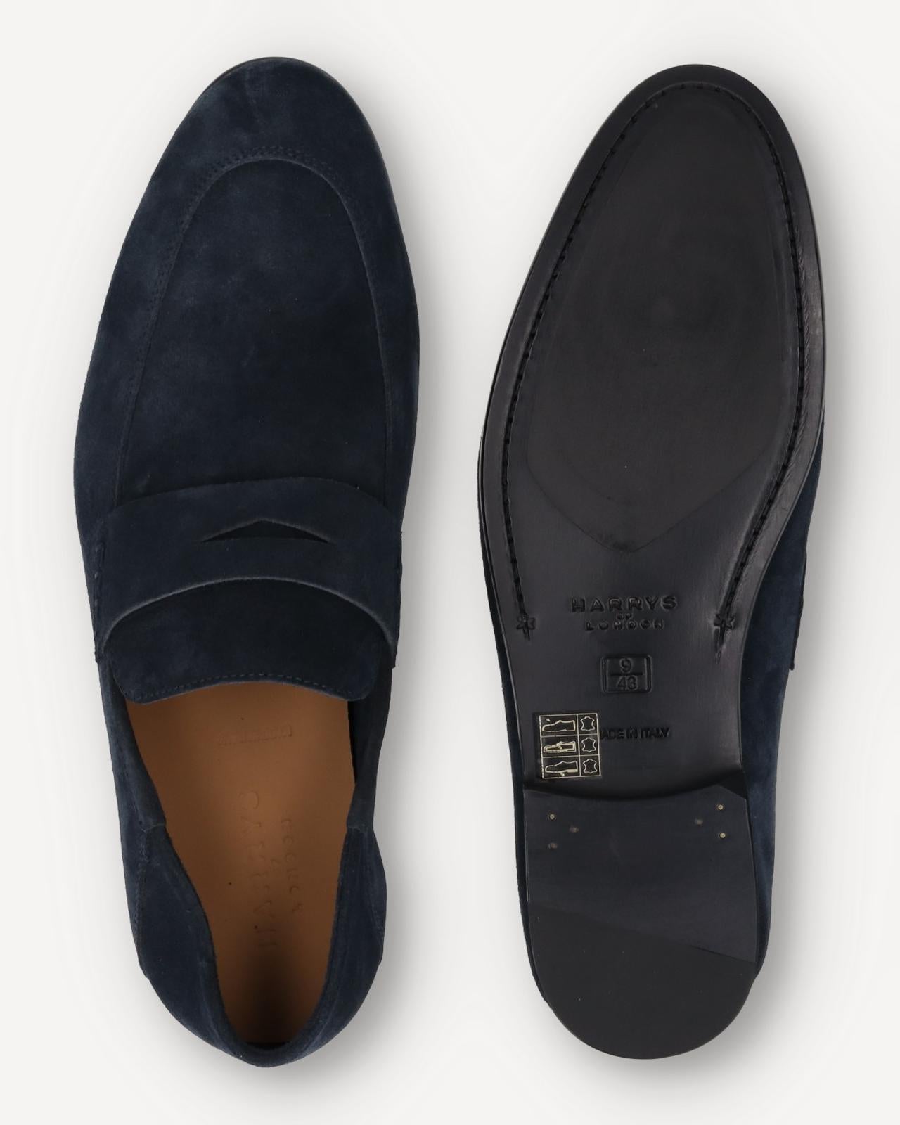 Harrys Of London Edward Soft G Suede Penny Loafer Midnight-MALFORD OF LONDON SAVILE ROW MENSWEAR OUTLET