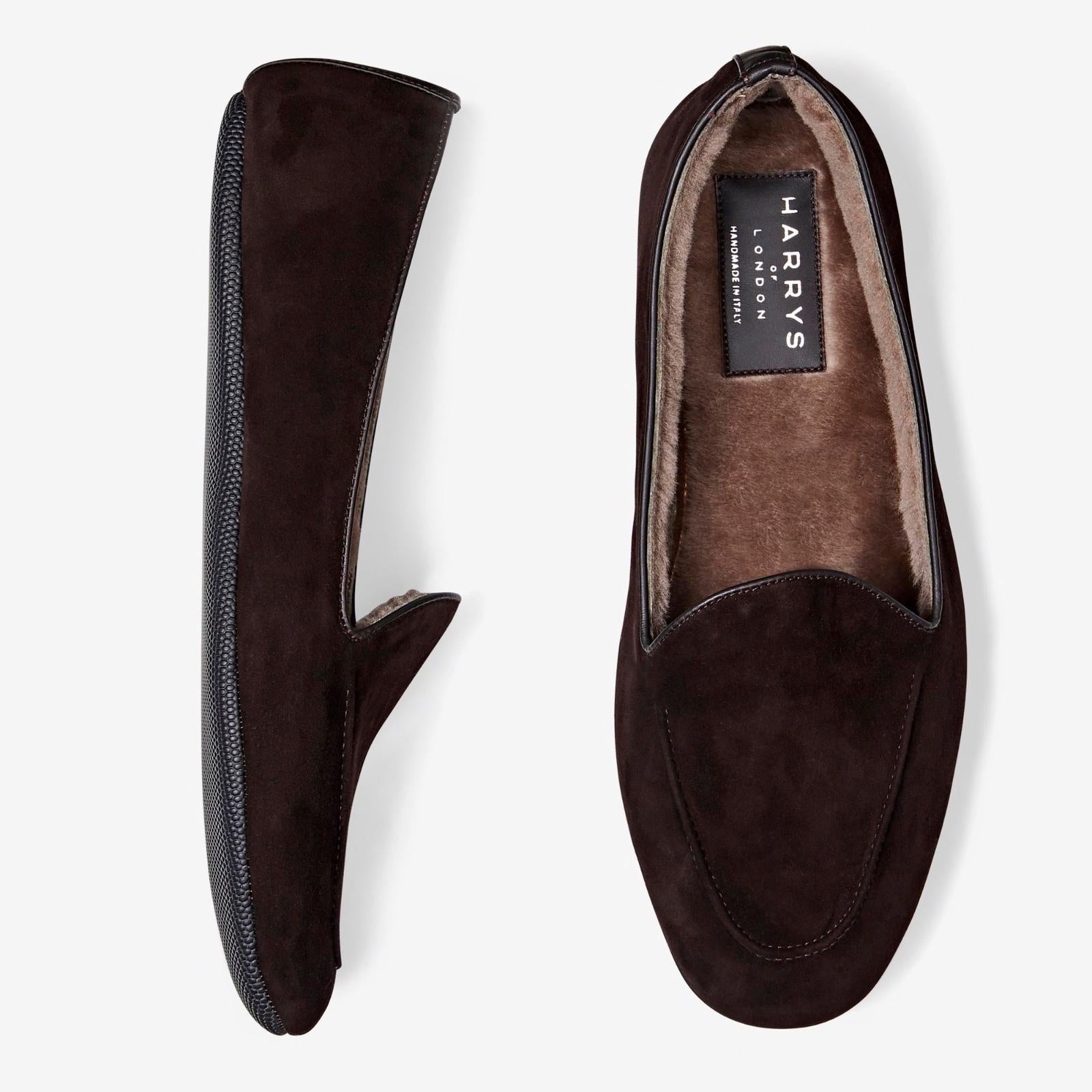 Harrys Of London Hatfield Kid Suede/Lamb Fur Shoes Dark Brown-MALFORD OF LONDON SAVILE ROW MENSWEAR OUTLET