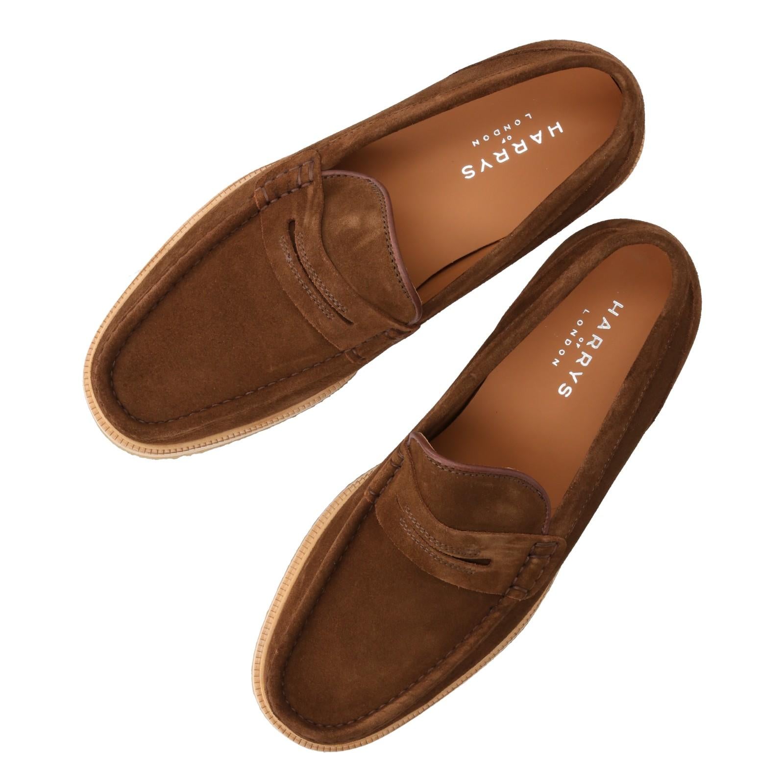 Harrys Of London Healey Suede Penny Loafer Cigar Brown-MALFORD OF LONDON SAVILE ROW MENSWEAR OUTLET