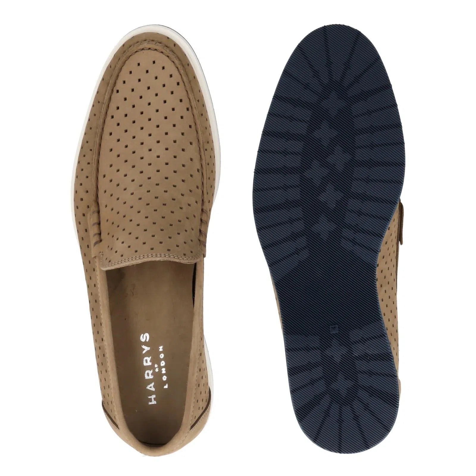 Harrys Of London Kitts Perforated Nubuk Loafer Tortora-MALFORD OF LONDON SAVILE ROW MENSWEAR OUTLET