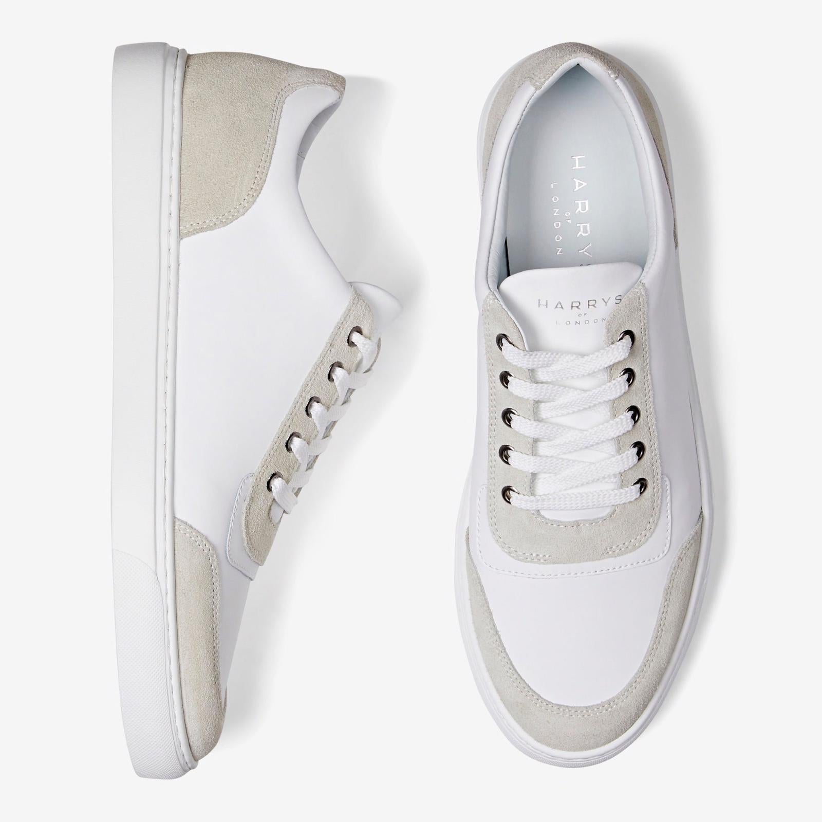 Harrys Of London Nimble Tech Leather/Suede Trainer White-Light Grey-MALFORD OF LONDON SAVILE ROW MENSWEAR OUTLET