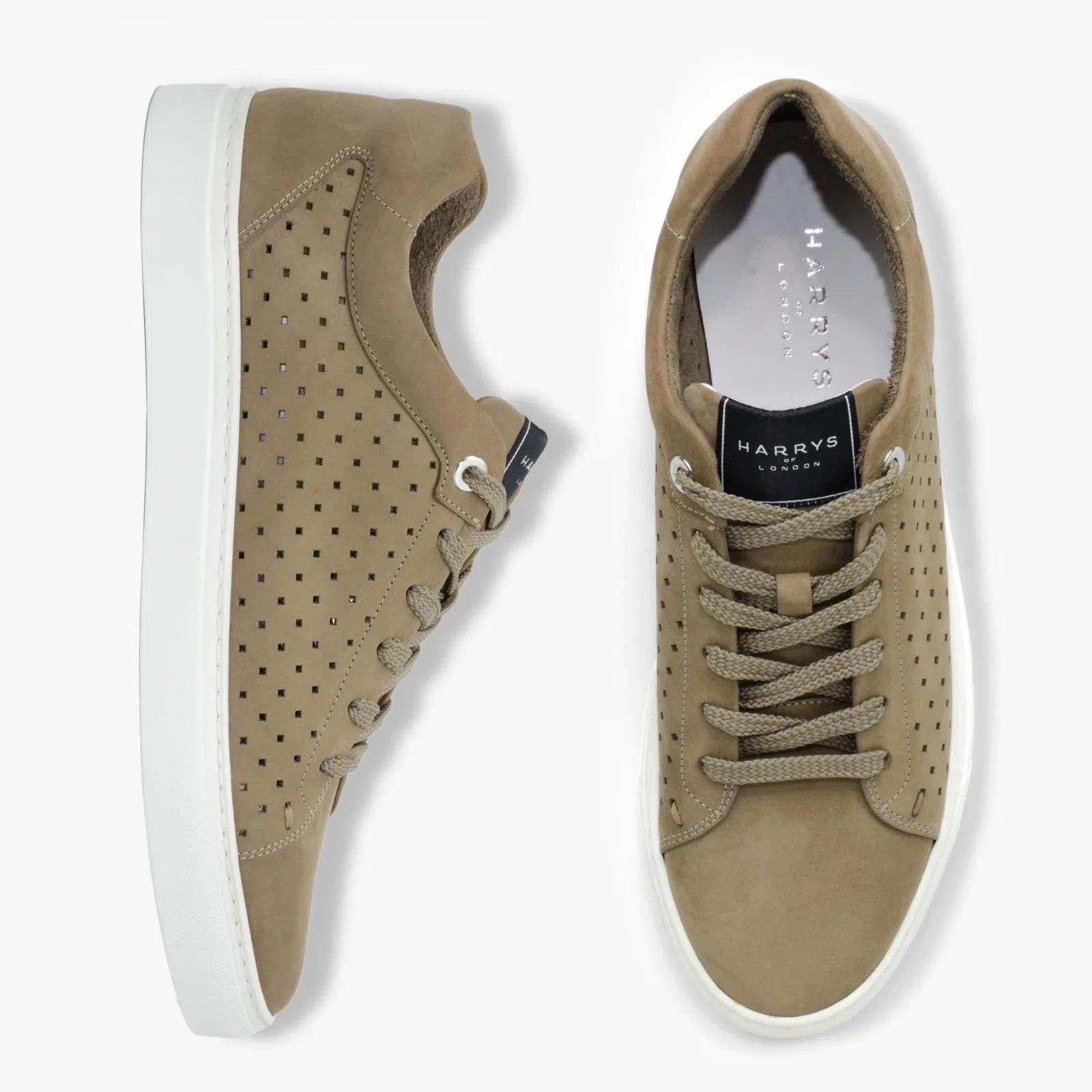 Harrys Of London Tom Perforated Nubuck Tortora Trainer Alabaster-MALFORD OF LONDON SAVILE ROW MENSWEAR OUTLET