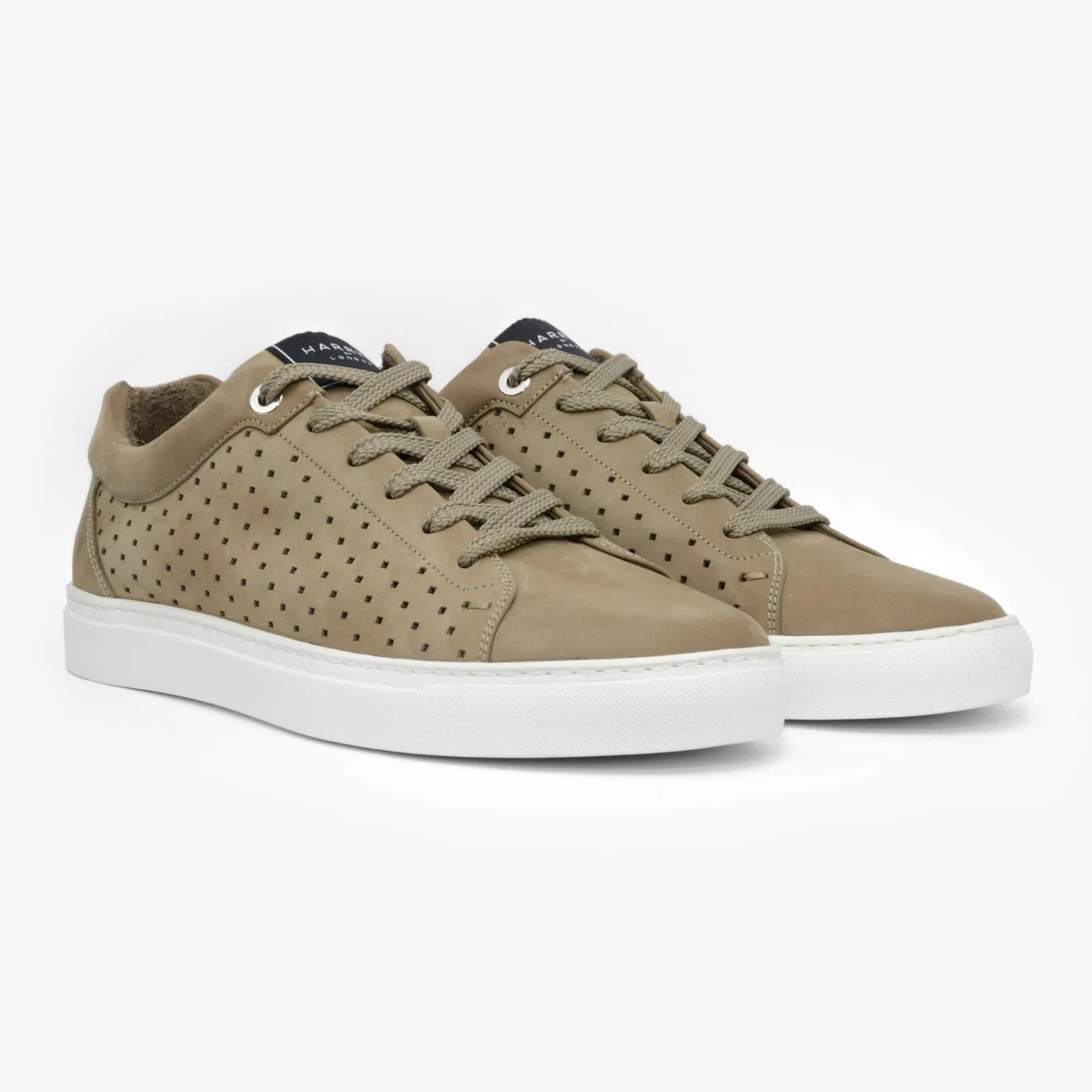 Harrys Of London Tom Perforated Nubuck Tortora Trainer Alabaster-MALFORD OF LONDON SAVILE ROW MENSWEAR OUTLET