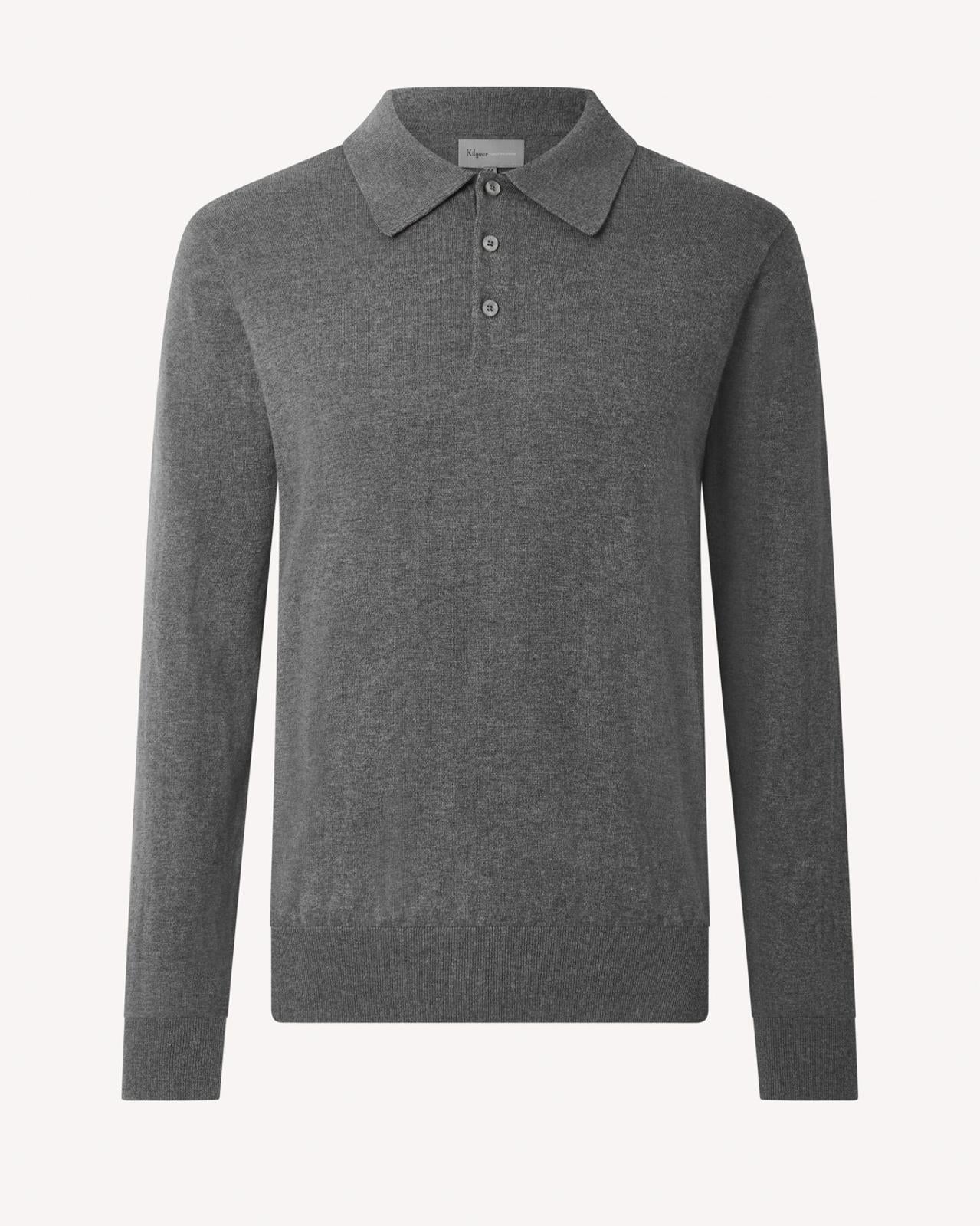 Kilgour Cotton/Cashmere Mix Long Sleeve Polo Shirt Ashes-MALFORD OF LONDON SAVILE ROW MENSWEAR OUTLET