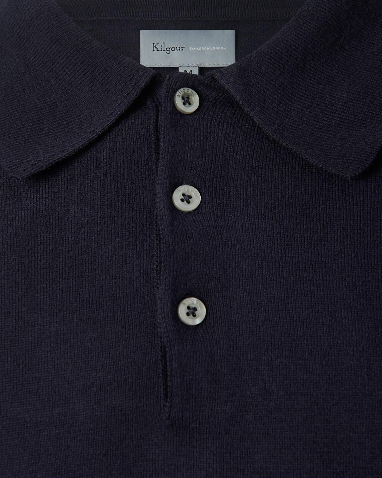 Kilgour Cotton/Cashmere Mix Long Sleeve Polo Shirt Neat Navy-MALFORD OF LONDON SAVILE ROW MENSWEAR OUTLET