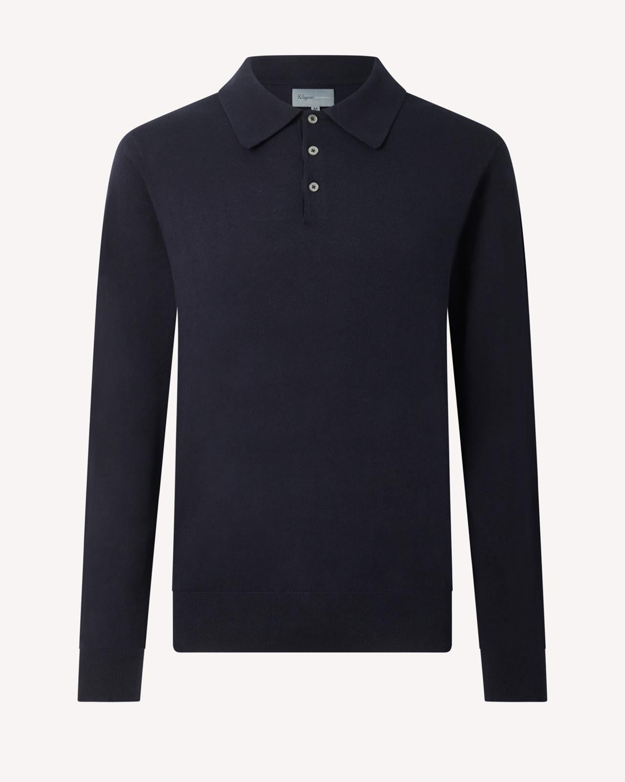 Kilgour Cotton/Cashmere Mix Long Sleeve Polo Shirt Neat Navy-MALFORD OF LONDON SAVILE ROW MENSWEAR OUTLET