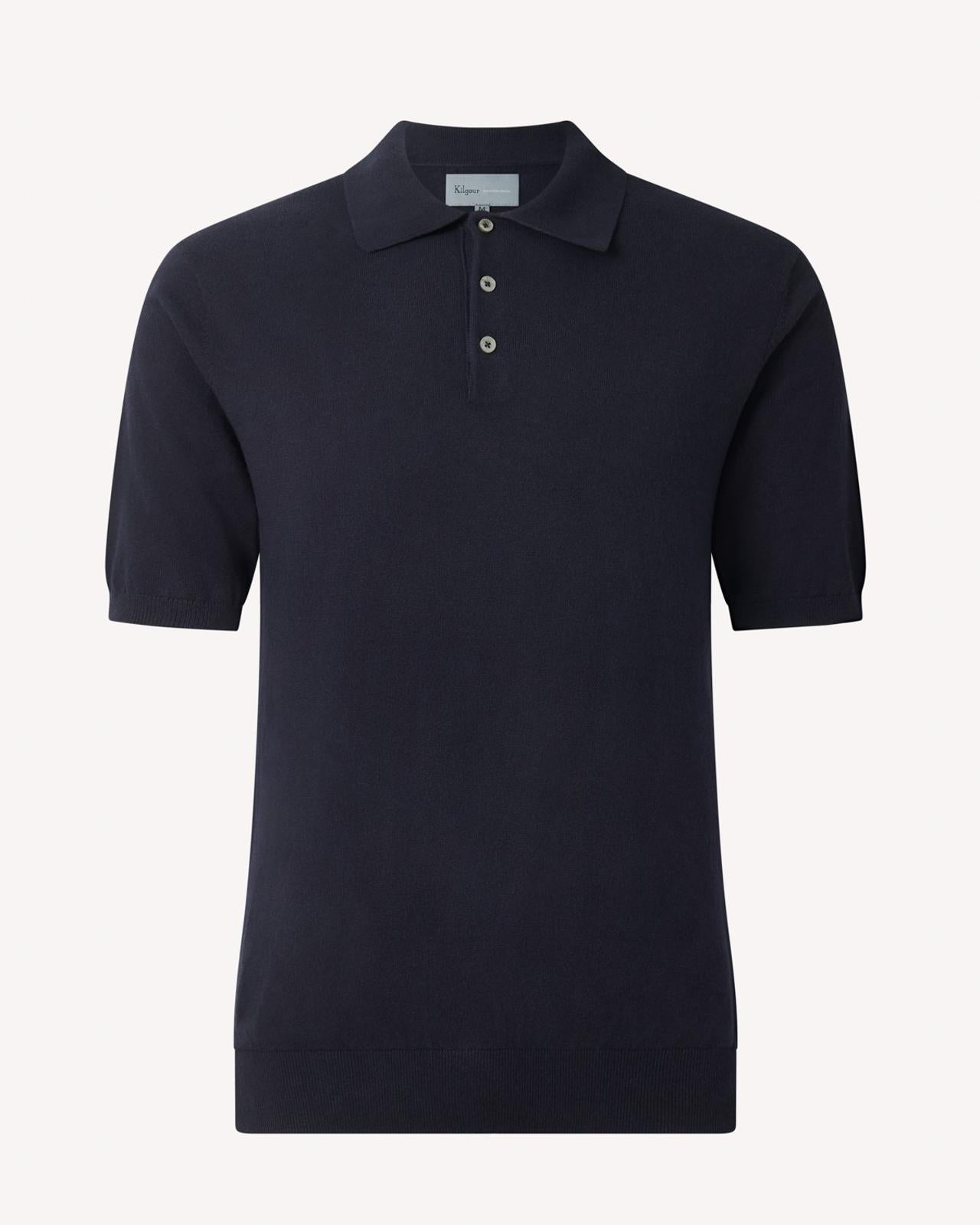 Kilgour Cotton/Cashmere Mix Short Sleeve Polo Shirt Neat Navy-MALFORD OF LONDON SAVILE ROW MENSWEAR OUTLET