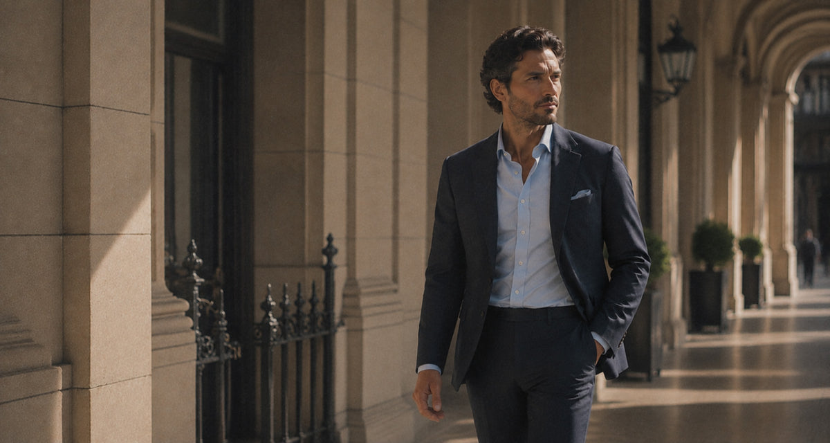 Man in a navy tailored suit and open-collar blue shirt walking through a stone colonnade, Malford of London New Arrivals