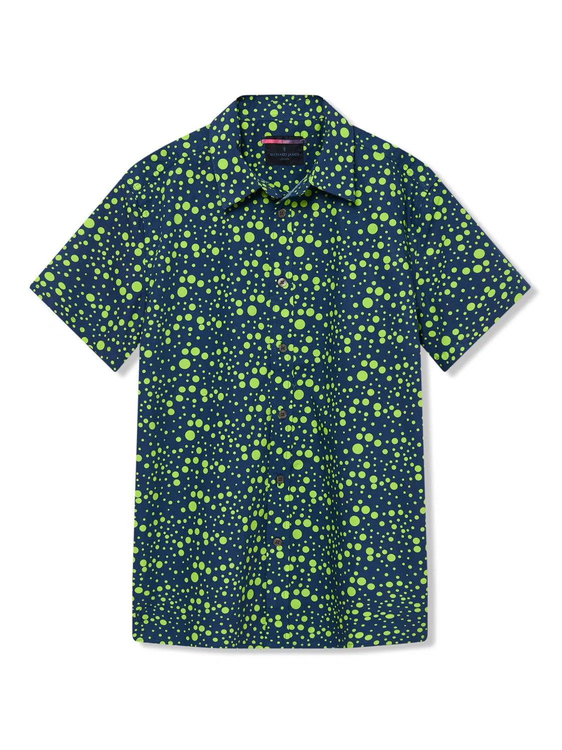 Richard James S/S Multi Spot Shirt - Navy/Bright Lime-MALFORD OF LONDON SAVILE ROW MENSWEAR OUTLET