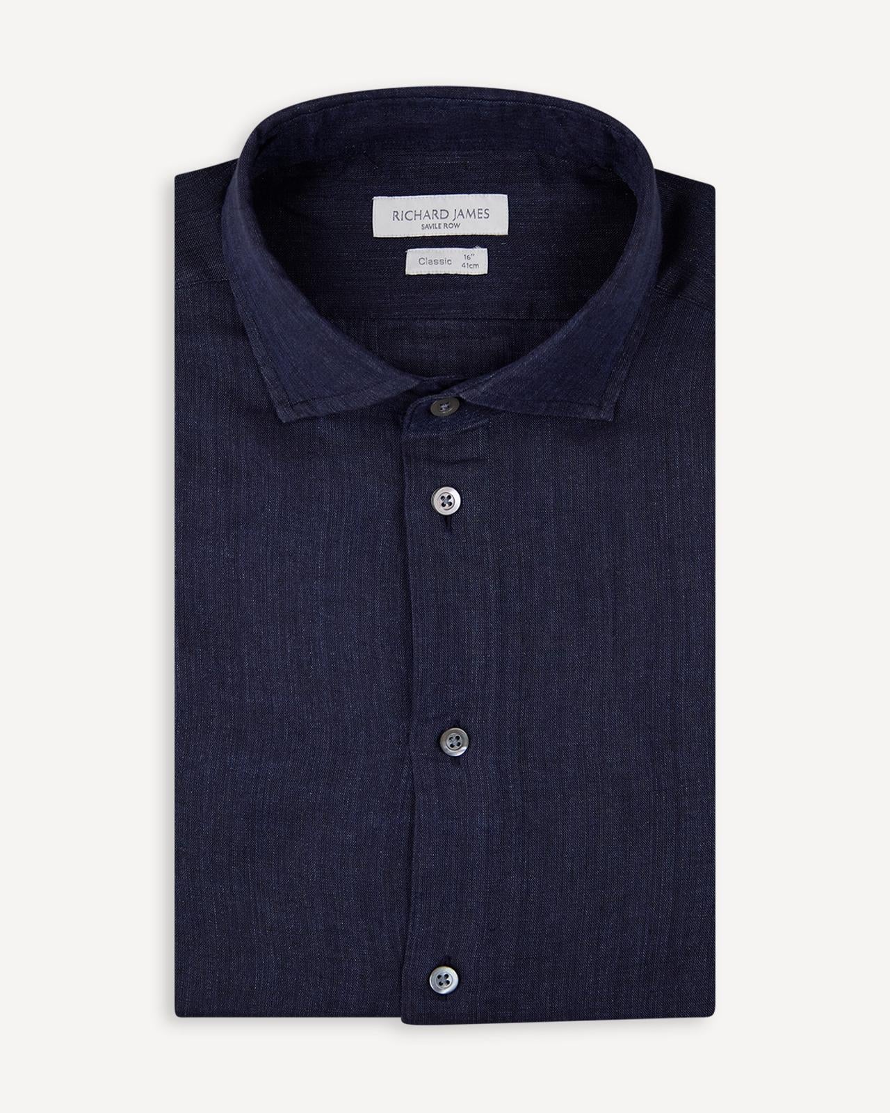 Richard James Tailored Fit Plain Shirt Dark Denim-MALFORD OF LONDON SAVILE ROW MENSWEAR OUTLET