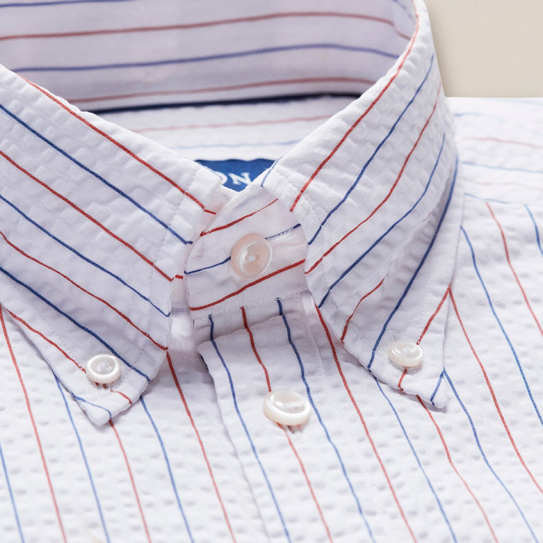 Seersucker Stripe Short Sleeve Shirt White Red Blue-MALFORD OF LONDON SAVILE ROW MENSWEAR OUTLET