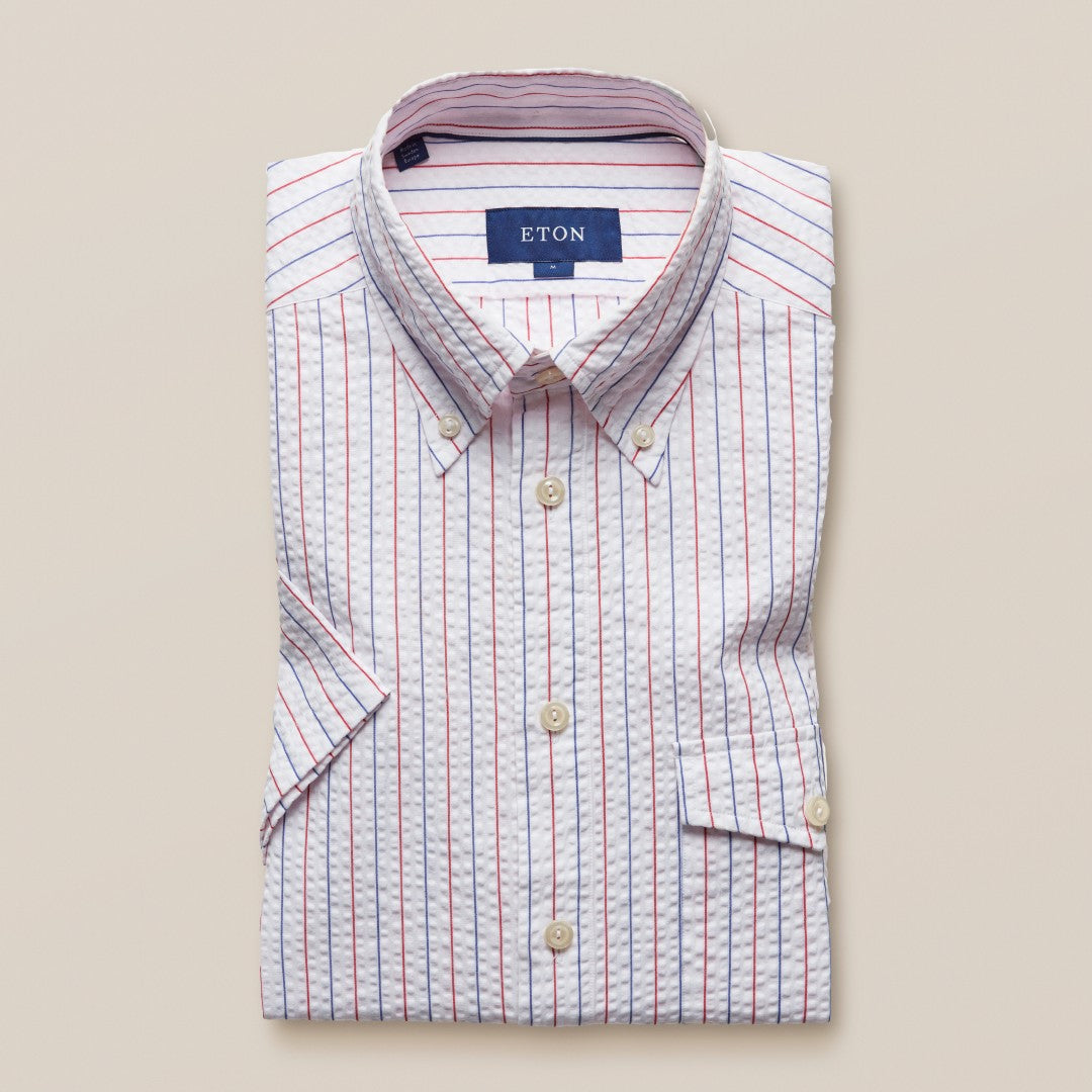 Seersucker Stripe Short Sleeve Shirt White Red Blue-MALFORD OF LONDON SAVILE ROW MENSWEAR OUTLET