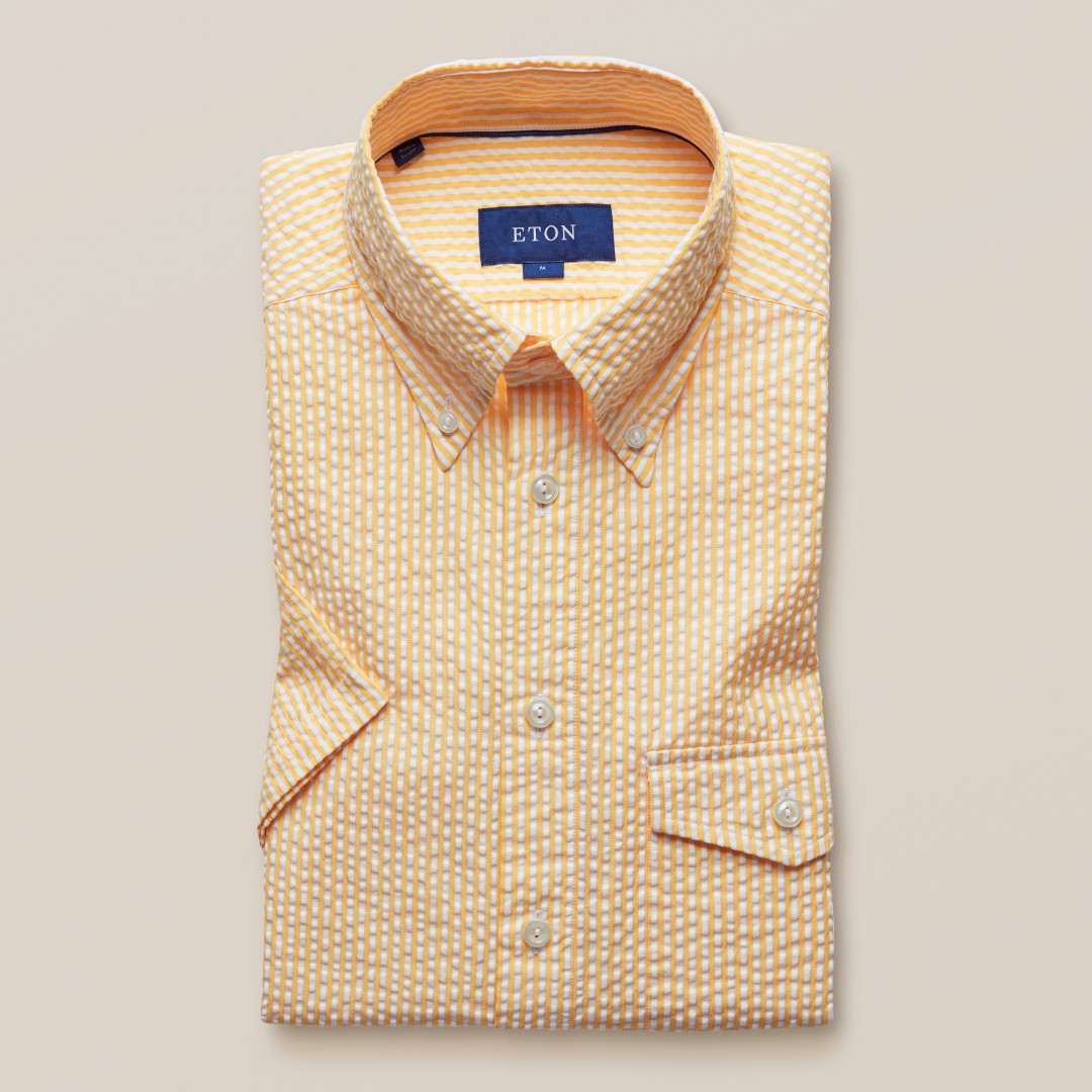 Seersucker Stripe Short Sleeve Shirt Yellow-MALFORD OF LONDON SAVILE ROW MENSWEAR OUTLET