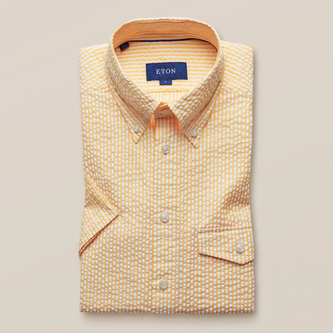 Seersucker Stripe Short Sleeve Shirt Yellow-MALFORD OF LONDON SAVILE ROW MENSWEAR OUTLET