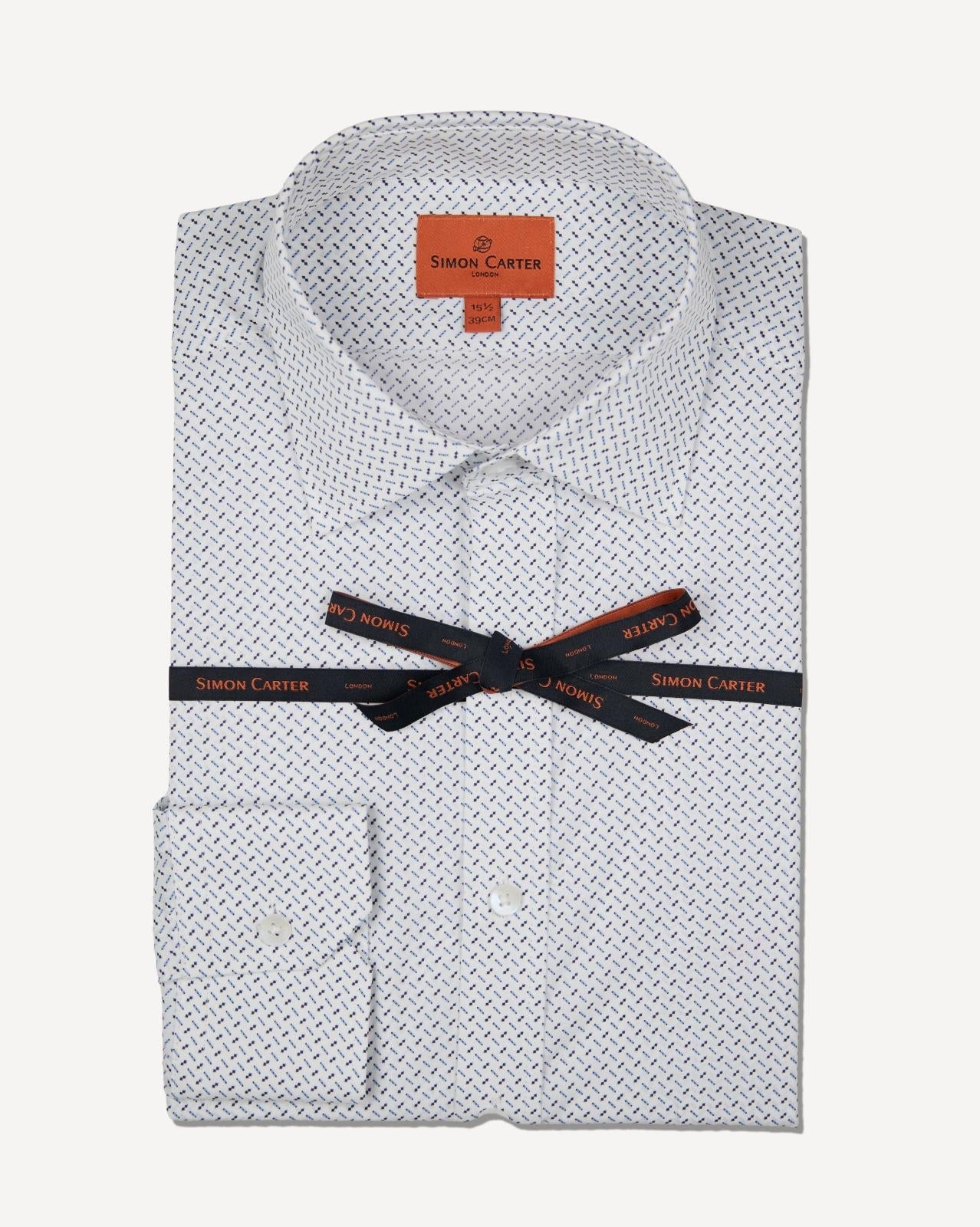 Simon Carter Tailored Fit Diamond/Spot Print Shirt White/Navy-MALFORD OF LONDON SAVILE ROW MENSWEAR OUTLET