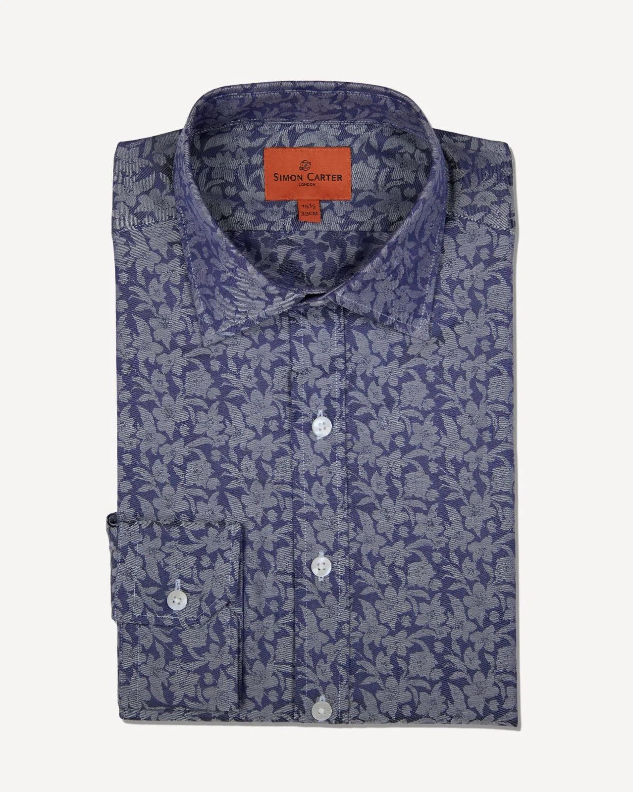 Simon Carter Tailored Fit Floral Shirt Blue-MALFORD OF LONDON SAVILE ROW MENSWEAR OUTLET