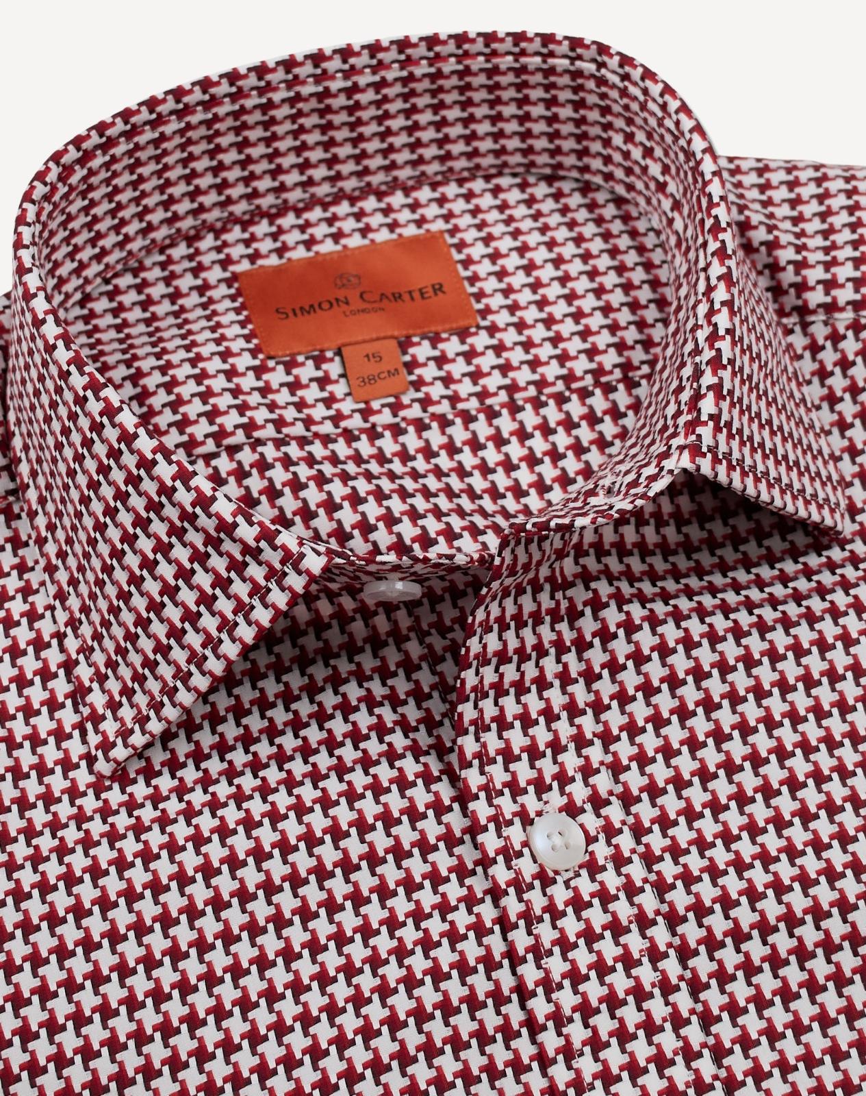 Simon Carter Tailored Fit Houndstooth Shirt Red/White-MALFORD OF LONDON SAVILE ROW MENSWEAR OUTLET