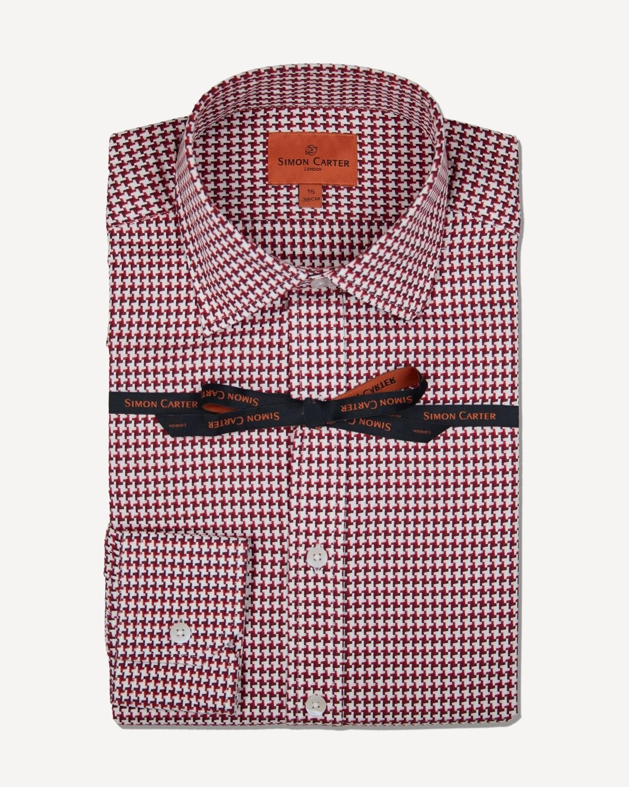 Simon Carter Tailored Fit Houndstooth Shirt Red/White-MALFORD OF LONDON SAVILE ROW MENSWEAR OUTLET