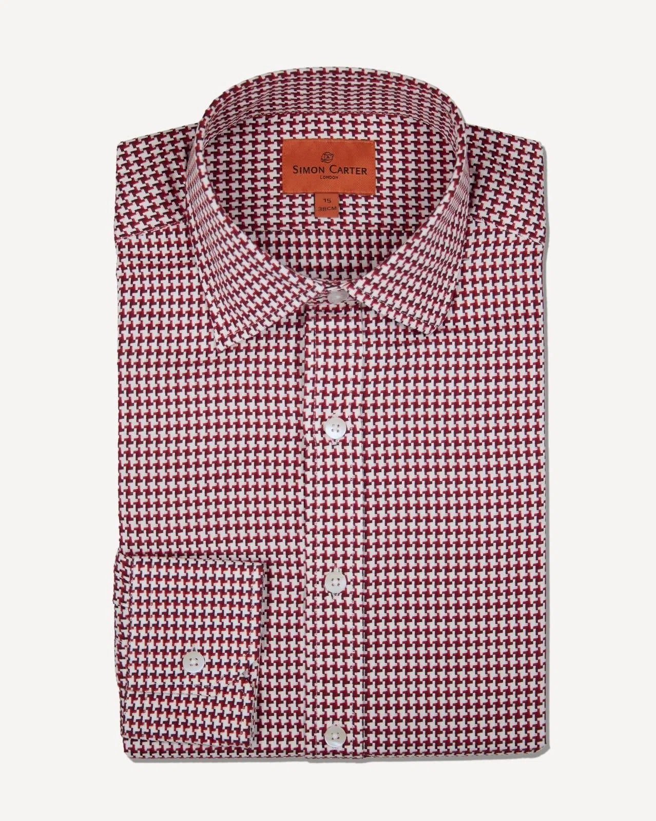 Simon Carter Tailored Fit Houndstooth Shirt Red/White-MALFORD OF LONDON SAVILE ROW MENSWEAR OUTLET