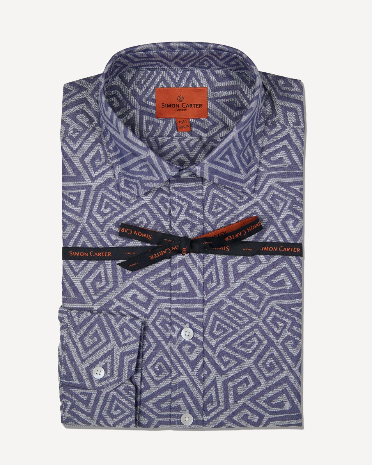 Simon Carter Tailored Fit Large Zig Zag Shirt Blue-MALFORD OF LONDON SAVILE ROW MENSWEAR OUTLET