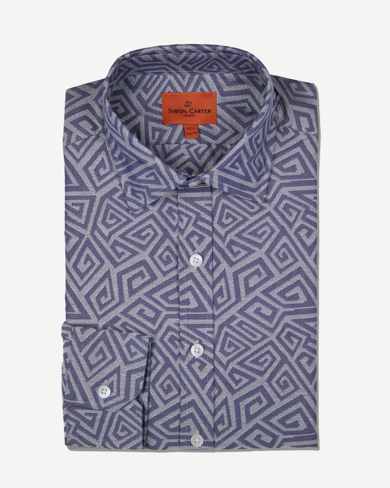 Simon Carter Tailored Fit Large Zig Zag Shirt Blue-MALFORD OF LONDON SAVILE ROW MENSWEAR OUTLET