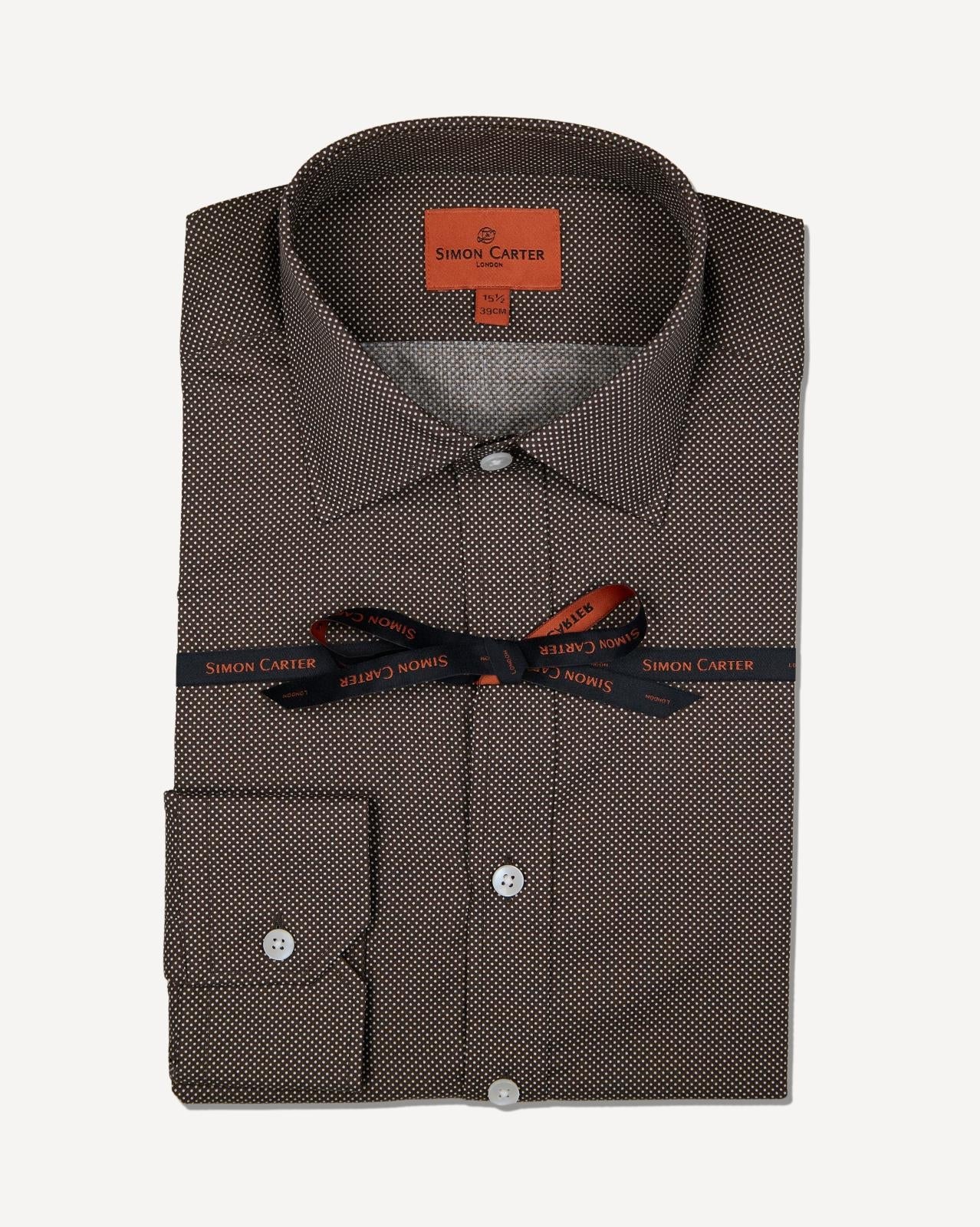 Simon Carter Tailored Fit Spotted Shirt Brown/White-MALFORD OF LONDON SAVILE ROW MENSWEAR OUTLET