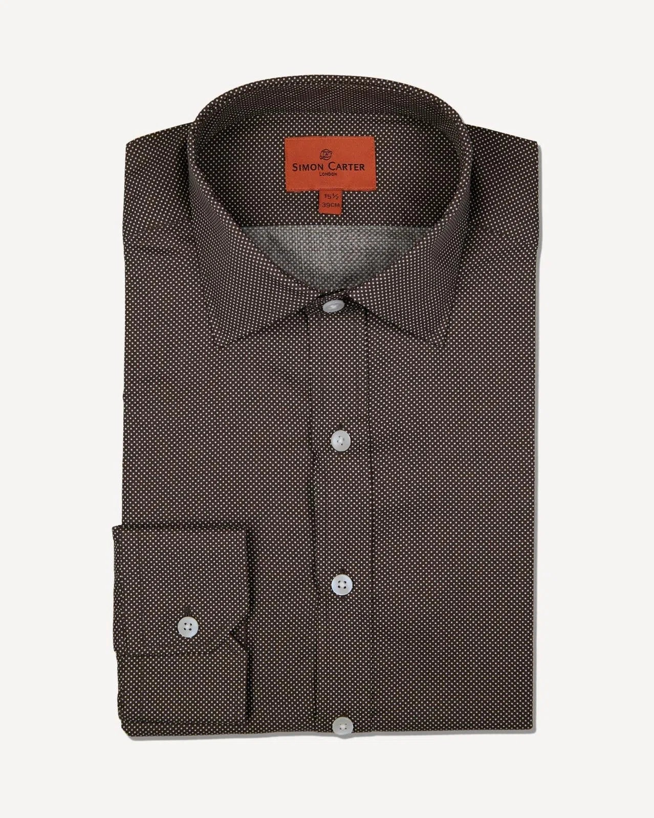 Simon Carter Tailored Fit Spotted Shirt Brown/White-MALFORD OF LONDON SAVILE ROW MENSWEAR OUTLET