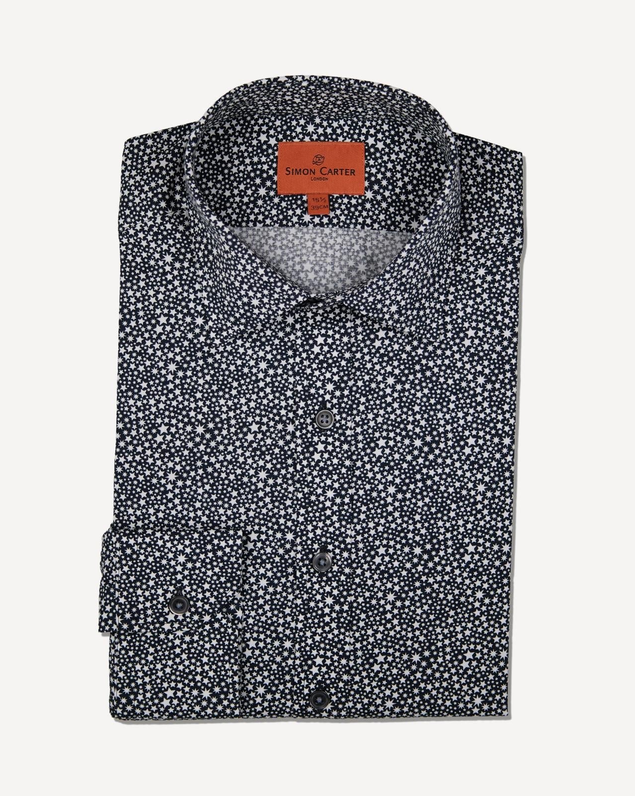 Simon Carter Tailored Fit Star Print Shirt Navy/White-MALFORD OF LONDON SAVILE ROW MENSWEAR OUTLET