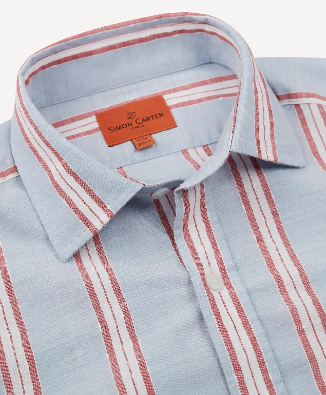 Simon Carter Tailored Fit Stripe Shirt Sky/Red/White-MALFORD OF LONDON SAVILE ROW MENSWEAR OUTLET