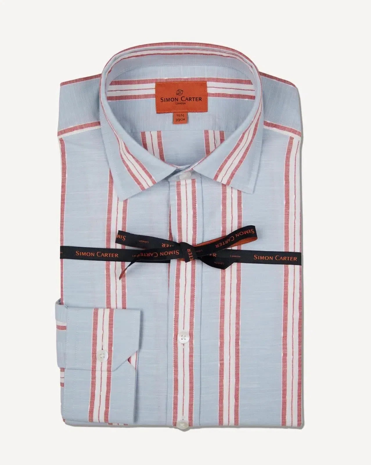 Simon Carter Tailored Fit Stripe Shirt Sky/Red/White-MALFORD OF LONDON SAVILE ROW MENSWEAR OUTLET