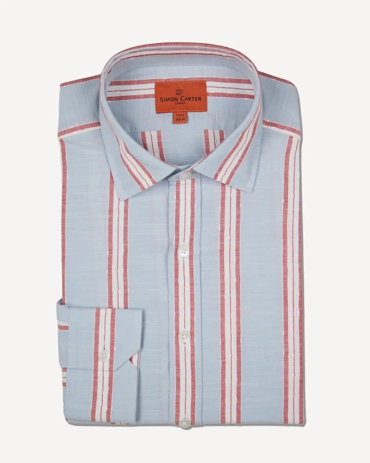 Simon Carter Tailored Fit Stripe Shirt Sky/Red/White-MALFORD OF LONDON SAVILE ROW MENSWEAR OUTLET