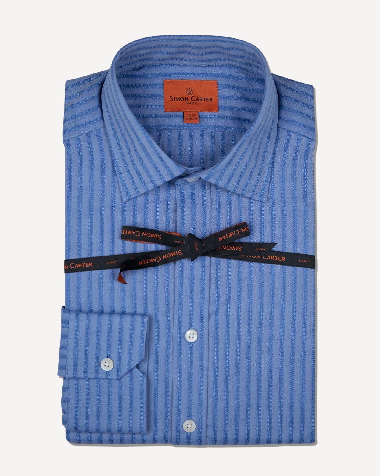 Simon Carter Tailored Fit Textured Stripe Shirt Blue-MALFORD OF LONDON SAVILE ROW MENSWEAR OUTLET