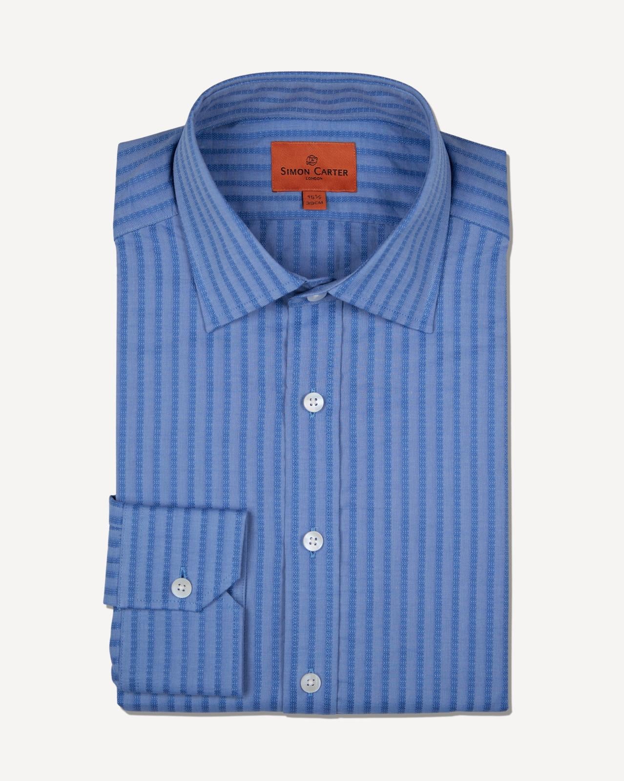 Simon Carter Tailored Fit Textured Stripe Shirt Blue-MALFORD OF LONDON SAVILE ROW MENSWEAR OUTLET