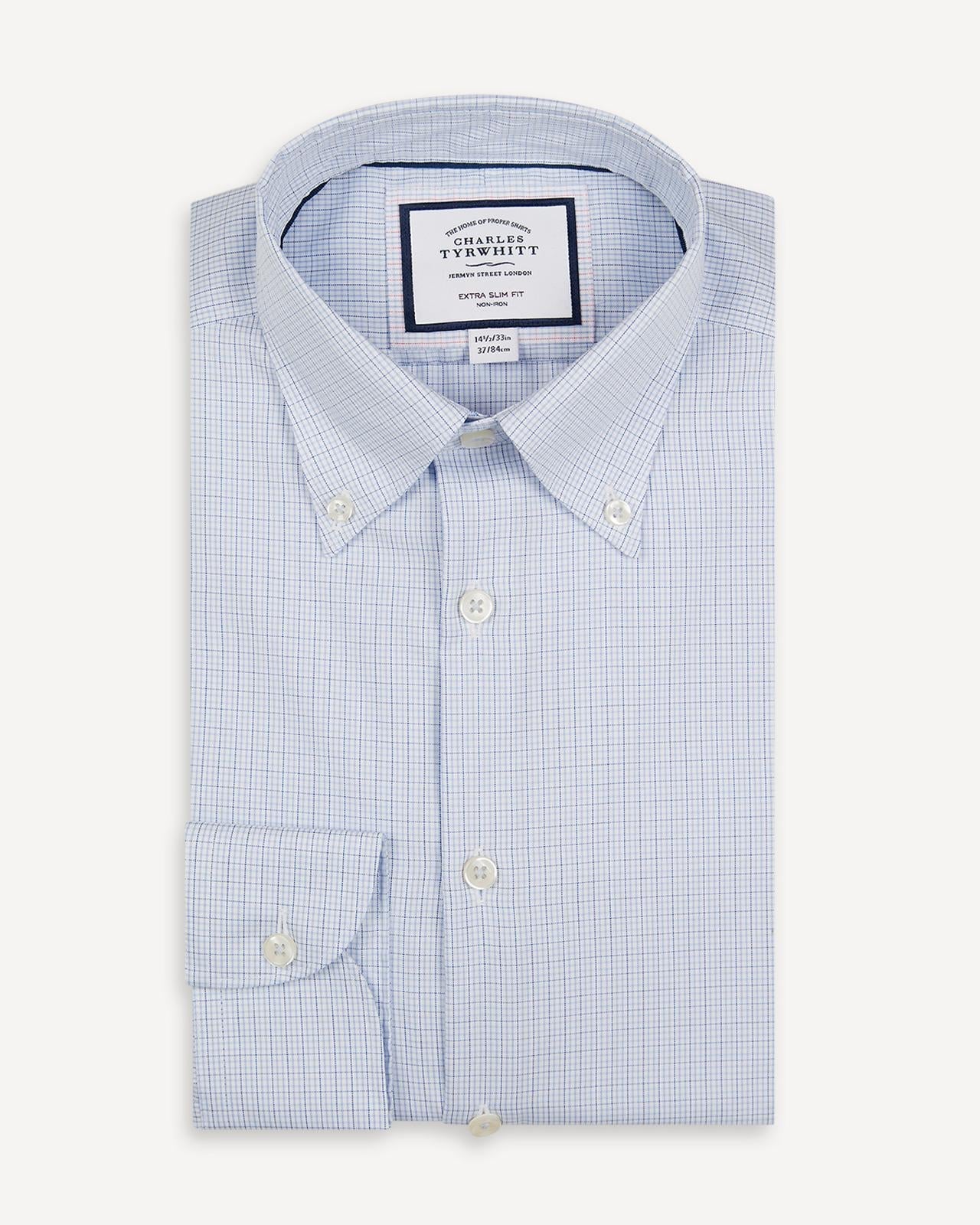 Sky Blue Button-Down Extra Slim Fit Check Shirt-MALFORD OF LONDON SAVILE ROW MENSWEAR OUTLET