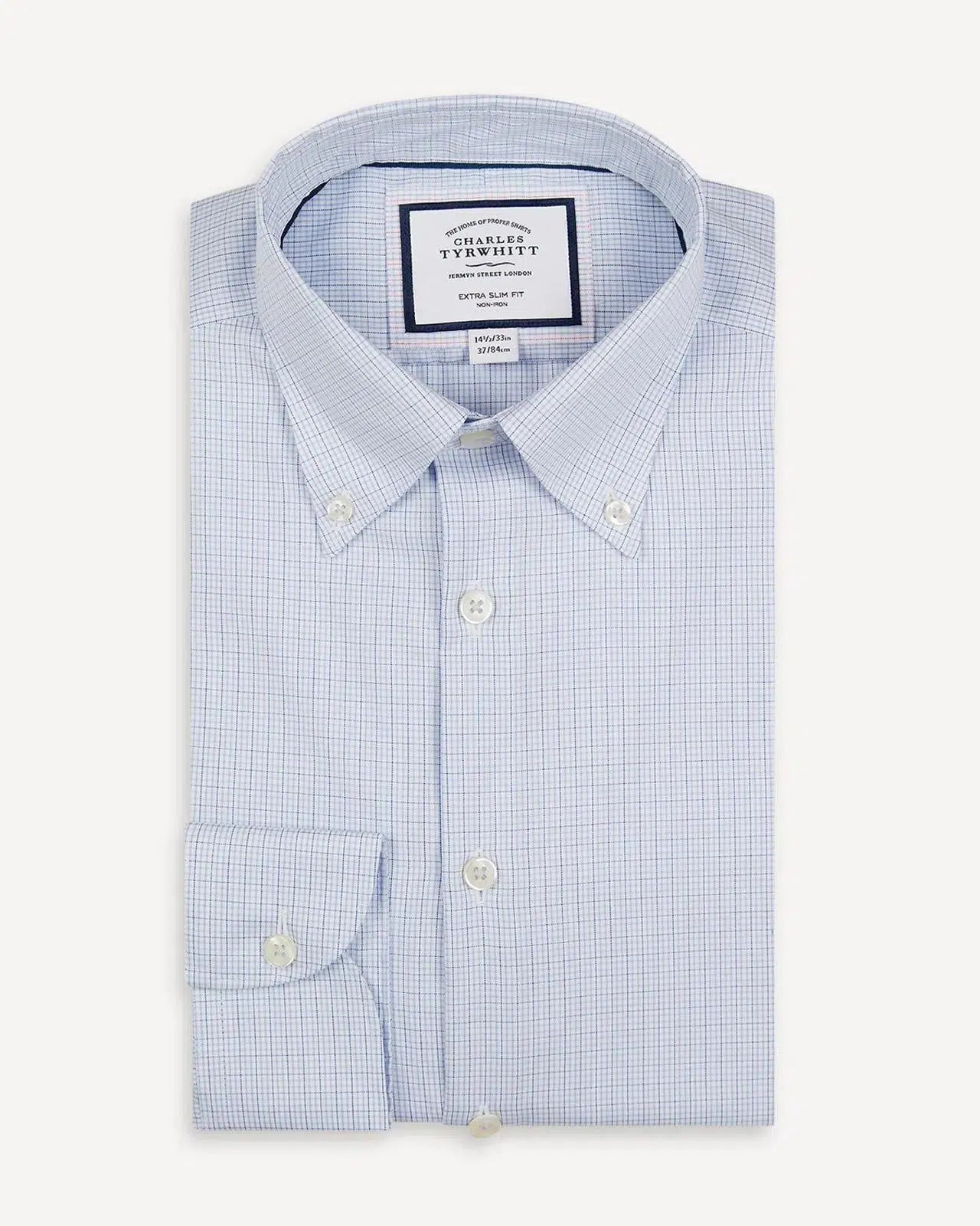 Sky Blue Button-Down Extra Slim Fit Check Shirt-MALFORD OF LONDON SAVILE ROW MENSWEAR OUTLET