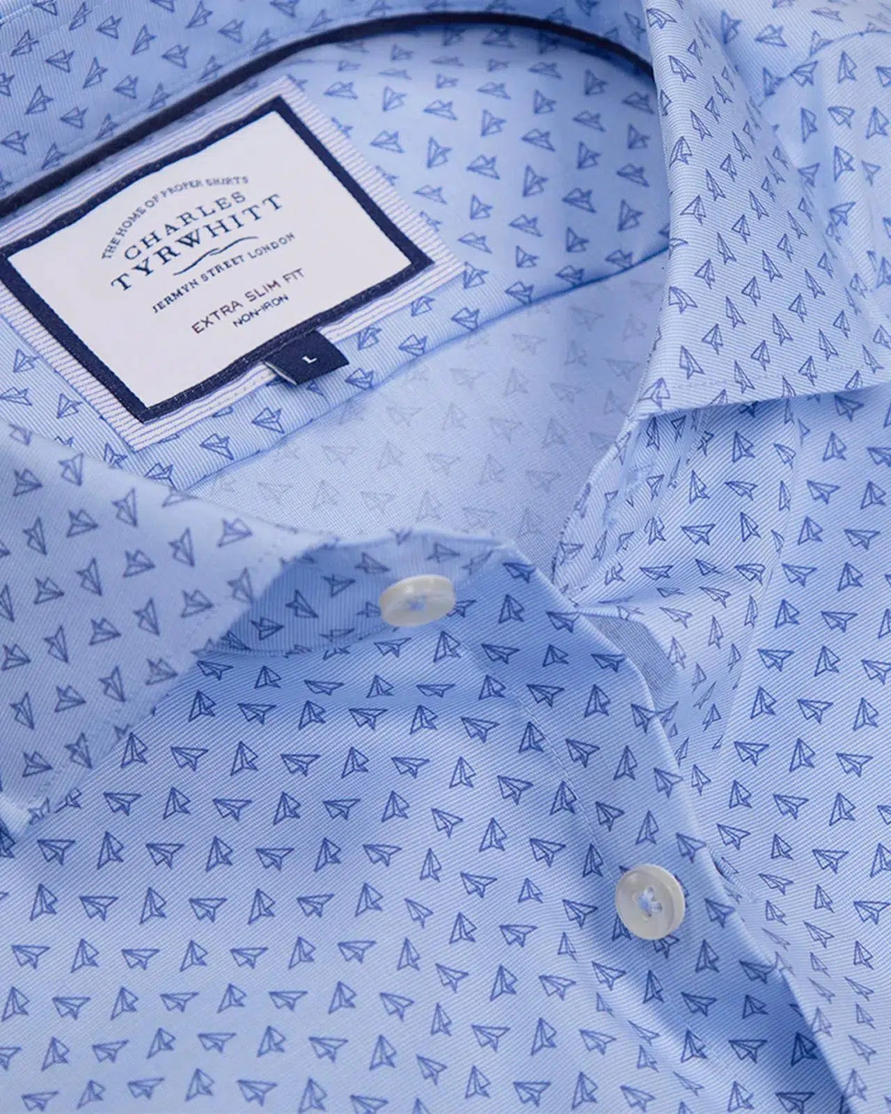 Sky Blue Extra Slim Fit Collar Paper Aeroplane Print Shirt-MALFORD OF LONDON SAVILE ROW MENSWEAR OUTLET