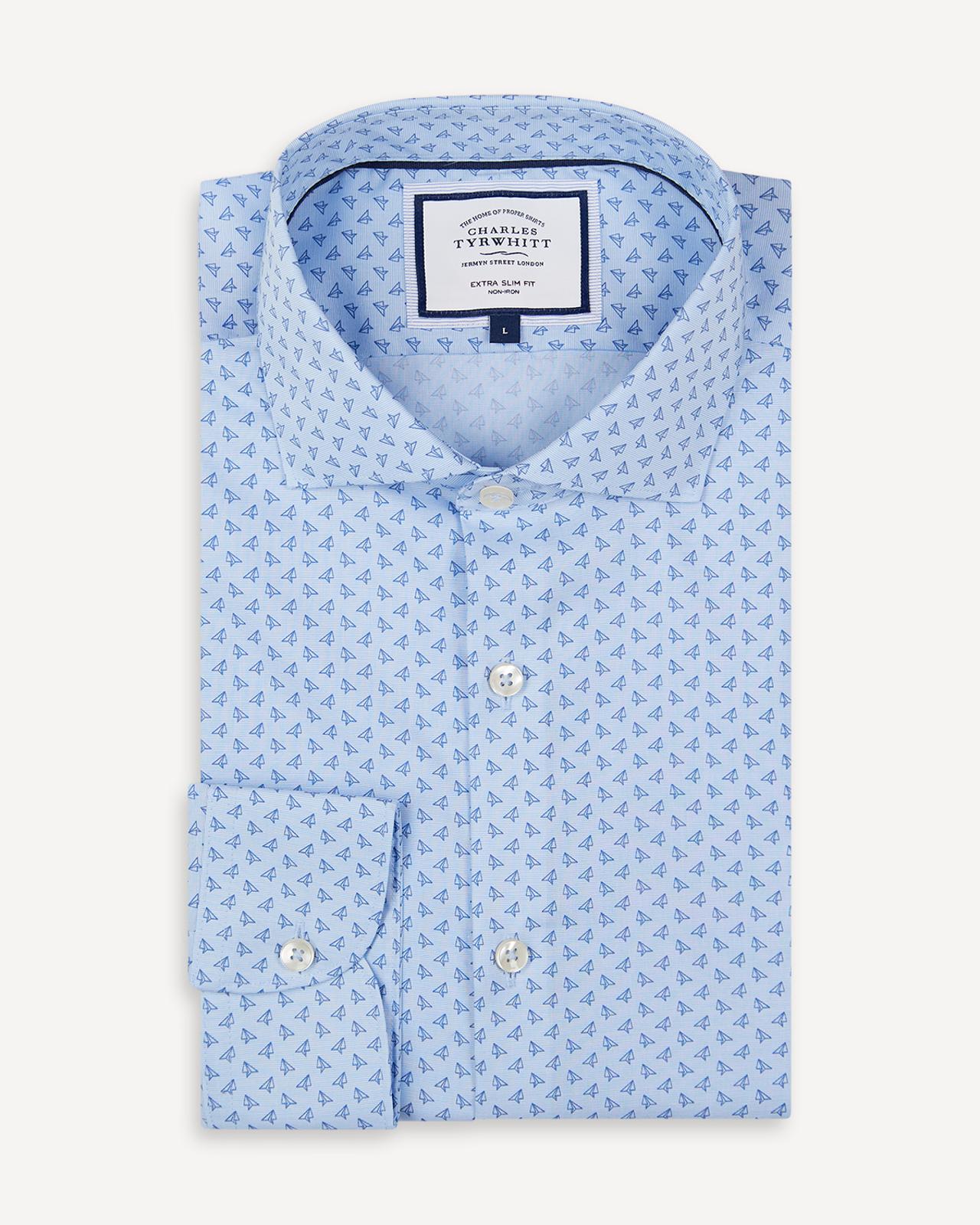 Sky Blue Extra Slim Fit Collar Paper Aeroplane Print Shirt-MALFORD OF LONDON SAVILE ROW MENSWEAR OUTLET