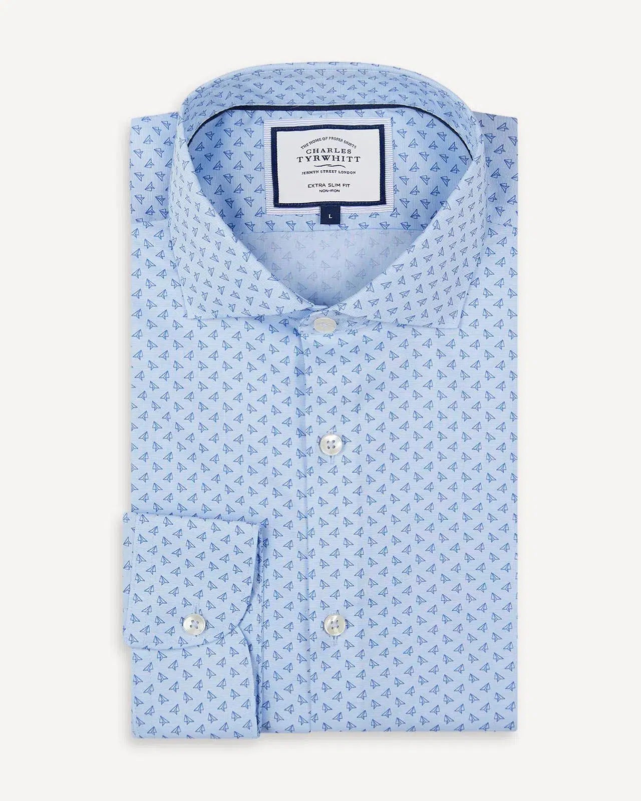 Sky Blue Extra Slim Fit Collar Paper Aeroplane Print Shirt M 34