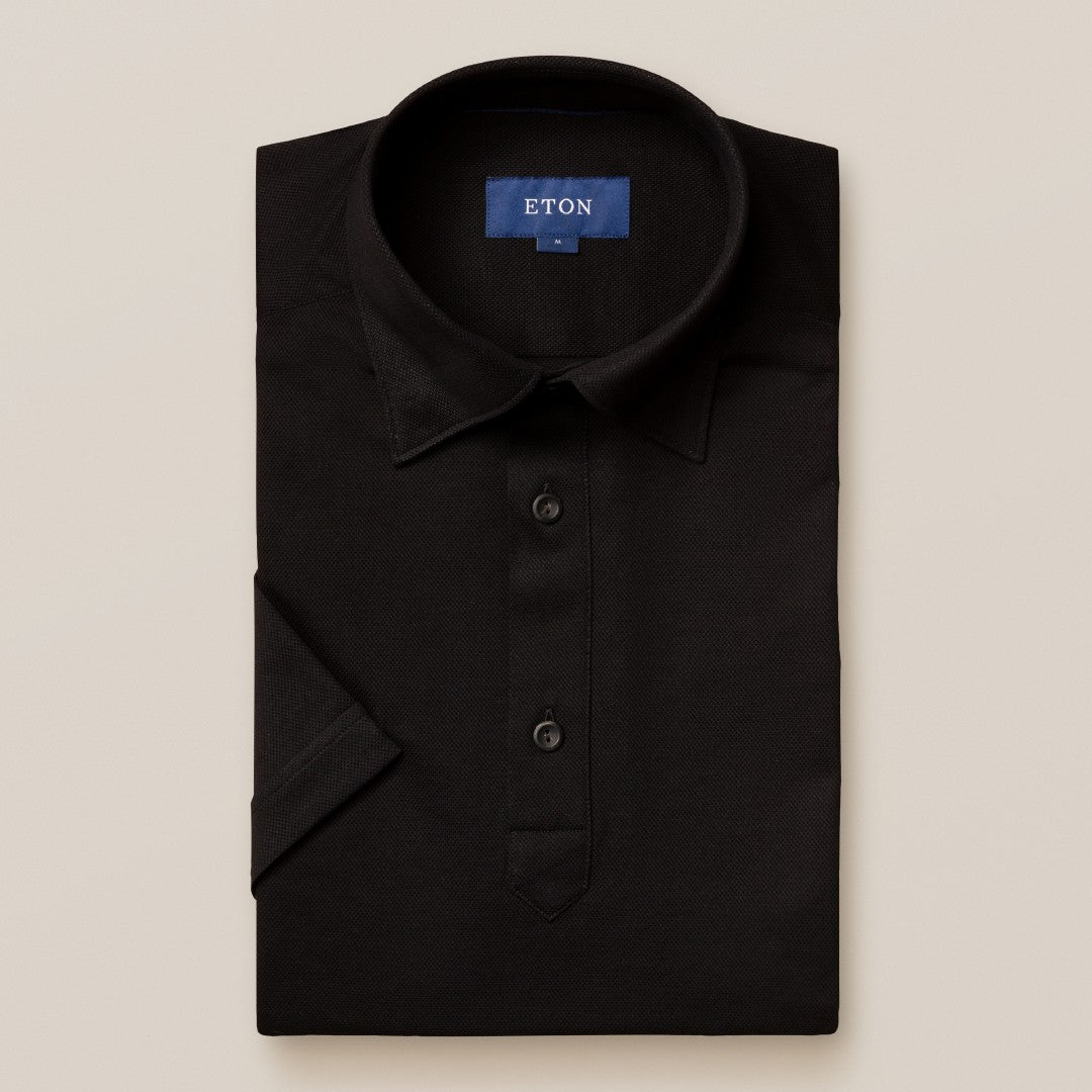 Slim Fit Black Knitted Short Sleeve Shirt-MALFORD OF LONDON SAVILE ROW MENSWEAR OUTLET