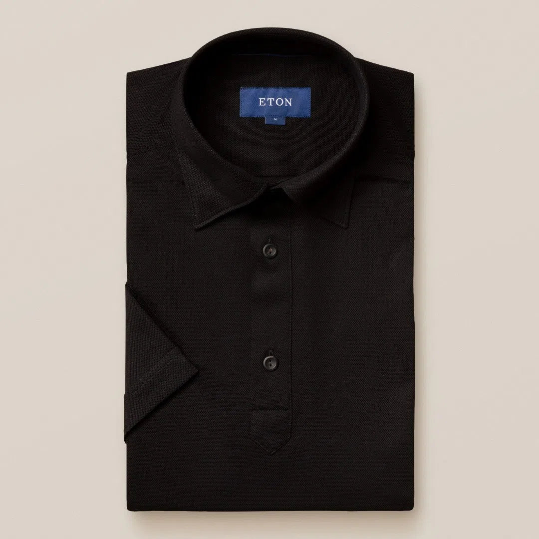 Slim Fit Black Knitted Short Sleeve Shirt-MALFORD OF LONDON SAVILE ROW MENSWEAR OUTLET